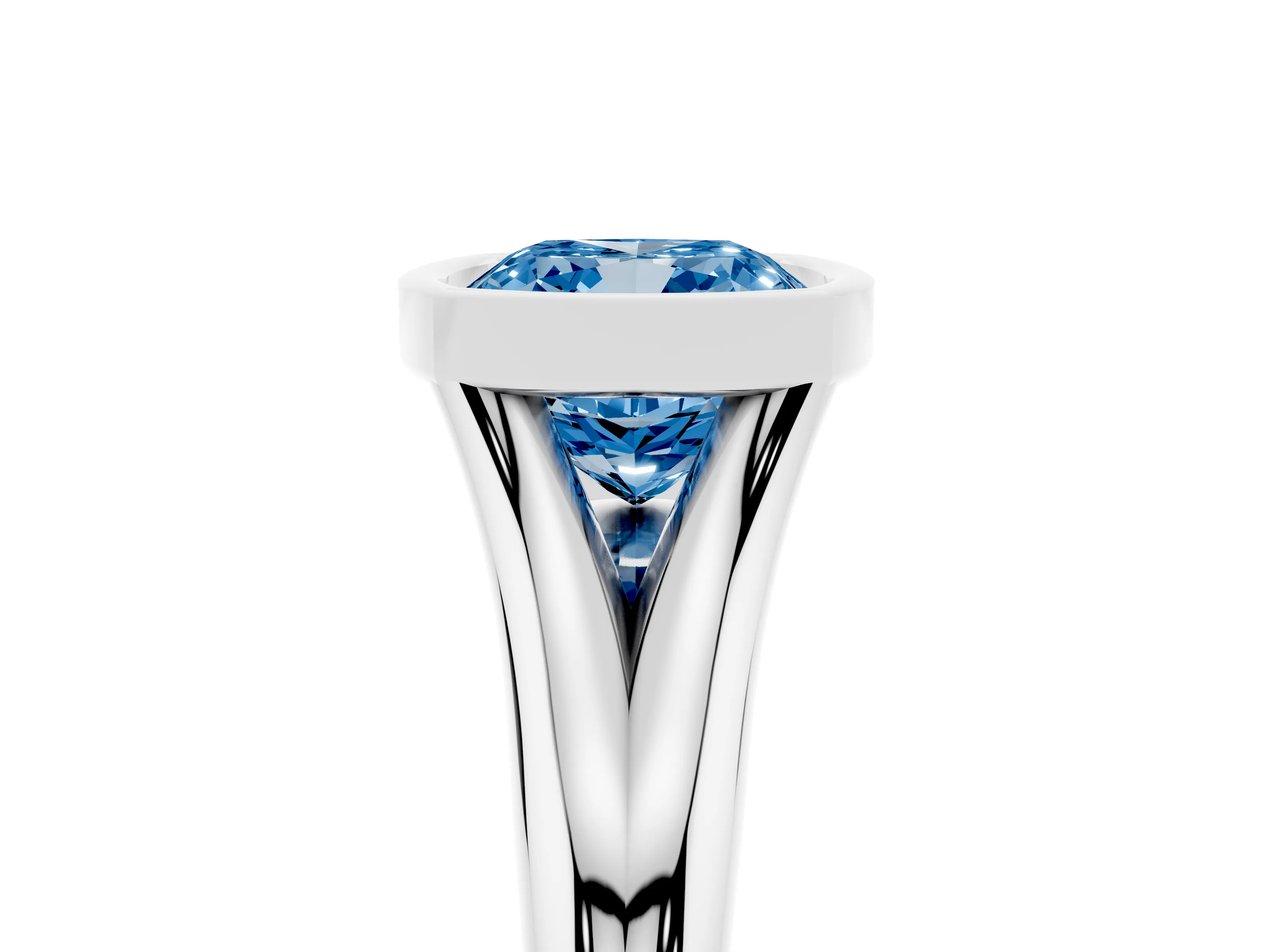 Fancy Blue Bezel Set Cushion Cut Diamond Solitaire Ring Set in Platinum with Smooth Band