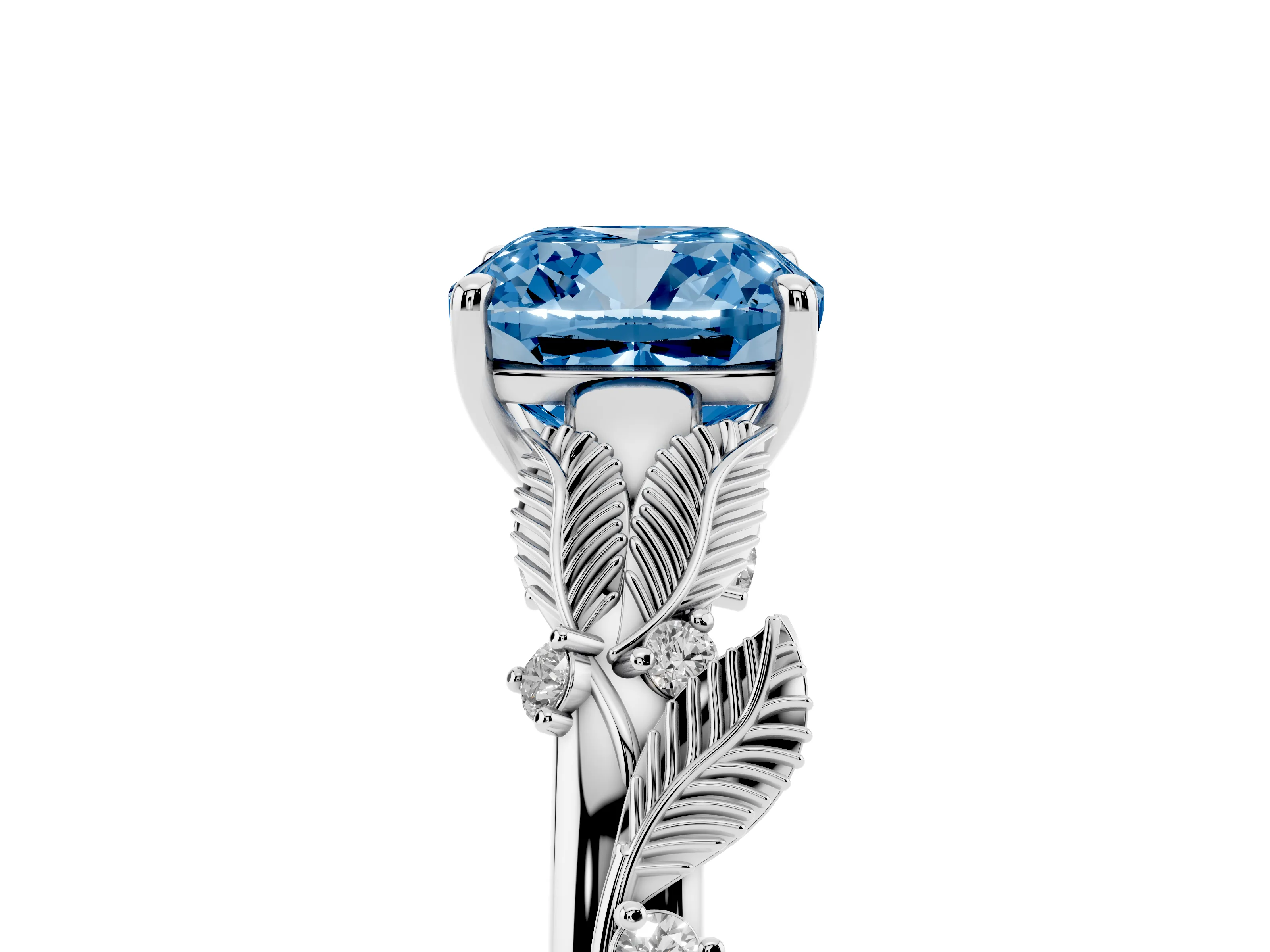 Fancy Blue Cushion Cut Diamond Solitaire Ring Set in Silver with Leaf Motif Band
