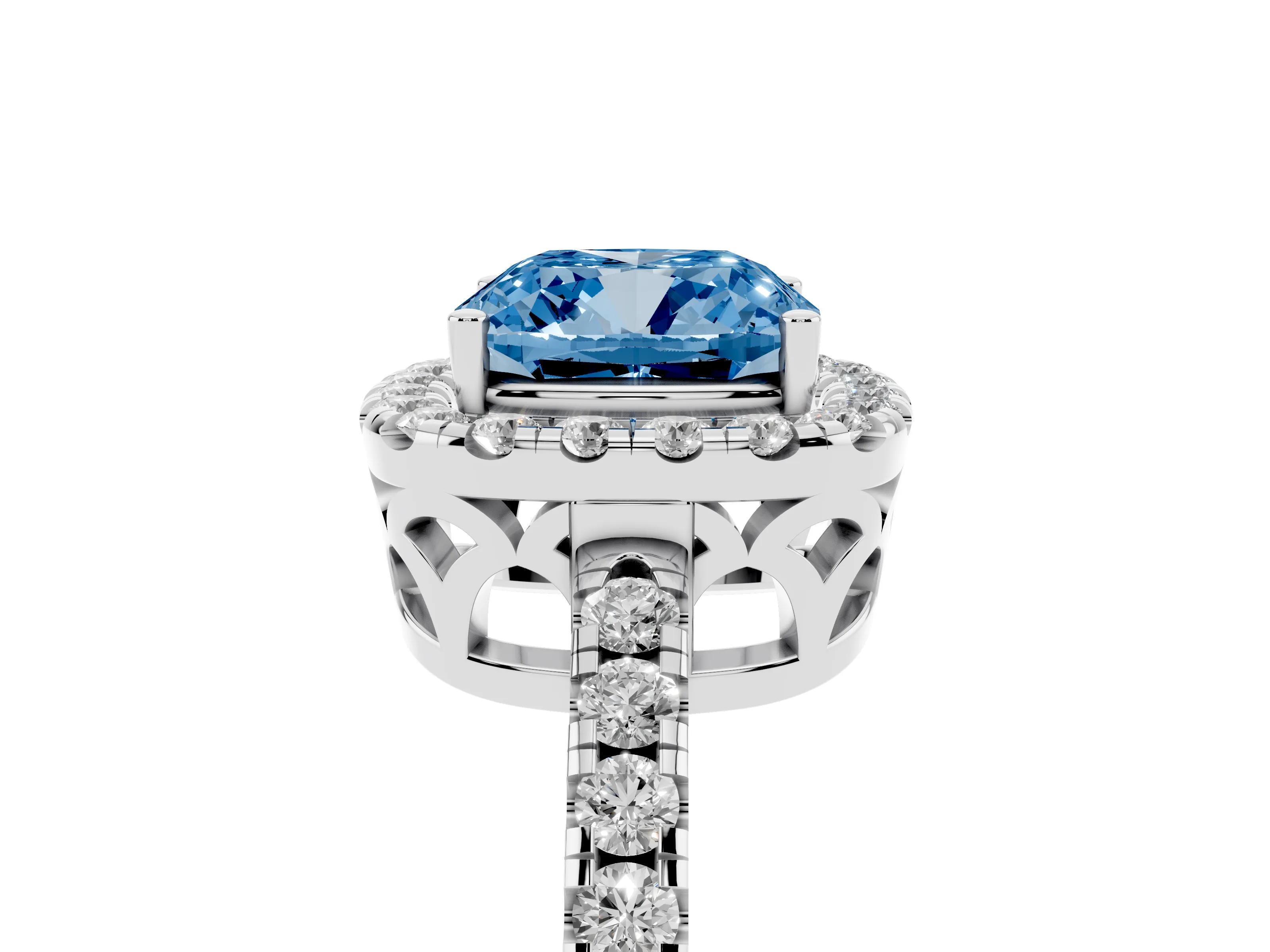 Fancy Blue Cushion Cut Diamond Pavé Band Halo Engagement Ring Set in Platinum with Prong Setting