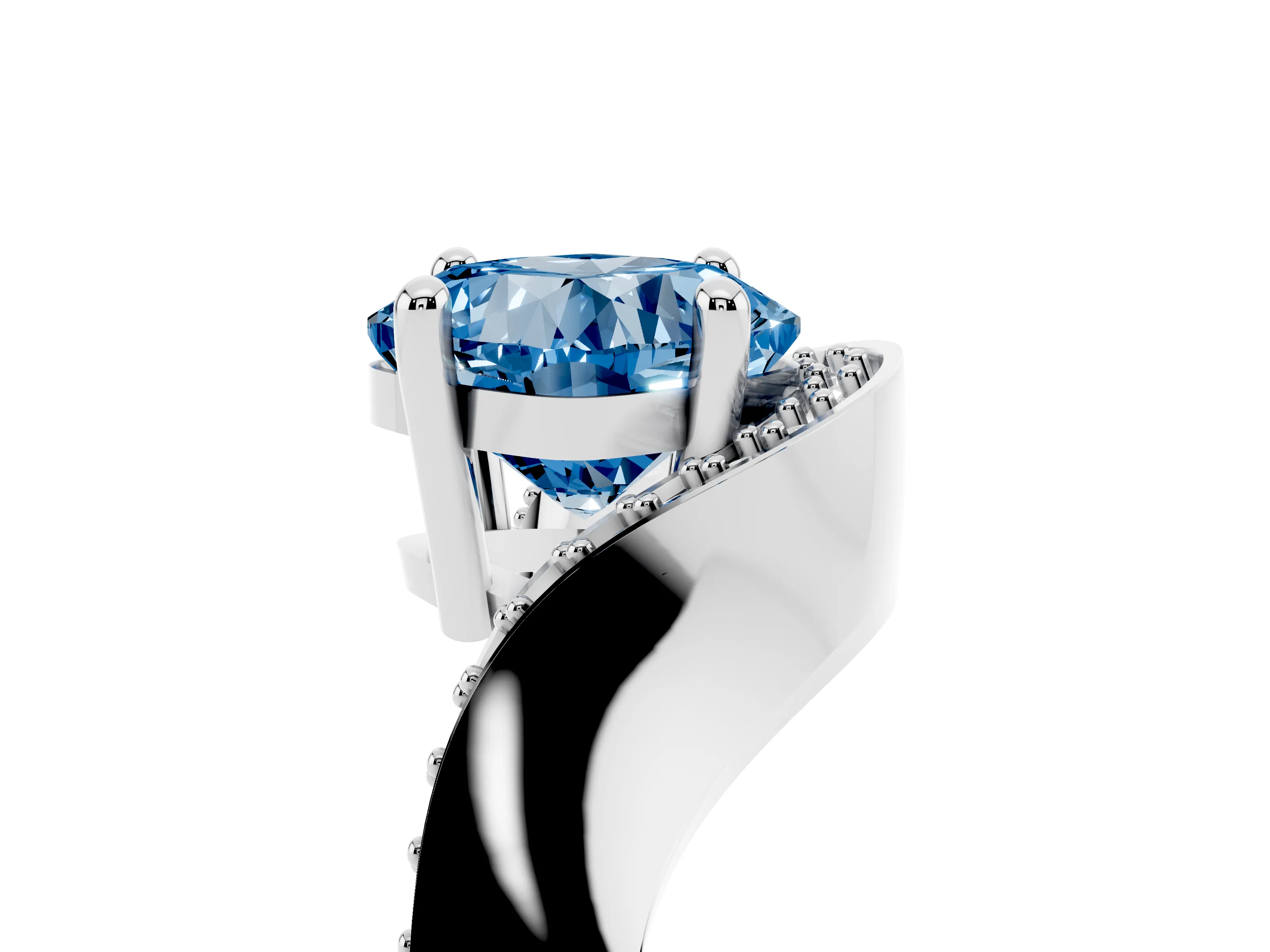 Fancy Blue Cushion Cut Diamond Solitaire Engagement Ring Set in White gold with Pavé Shoulders