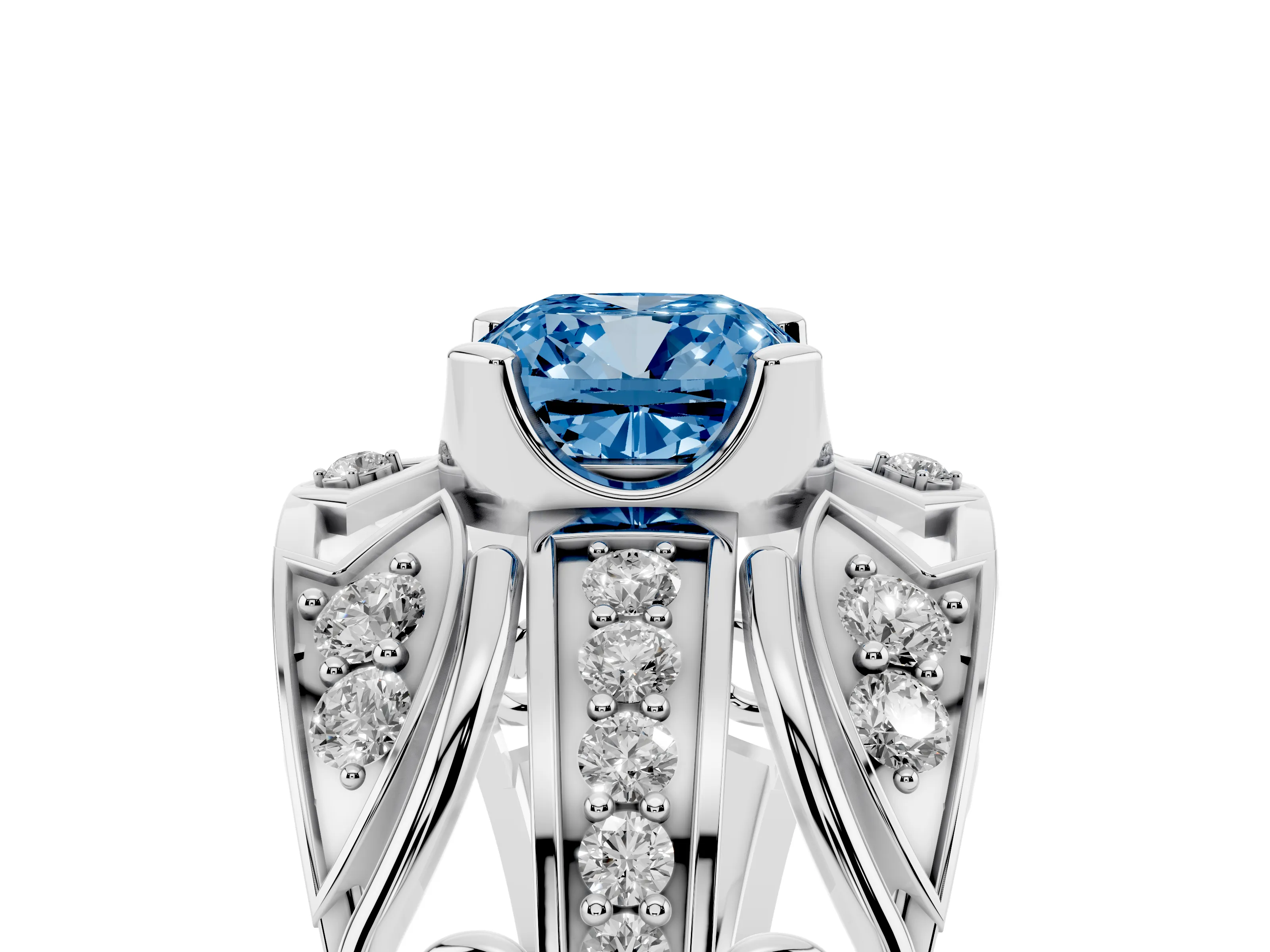 Fancy Blue Cushion Cut Diamond Art Deco Ring Set in Silver with Pavé Split Shank