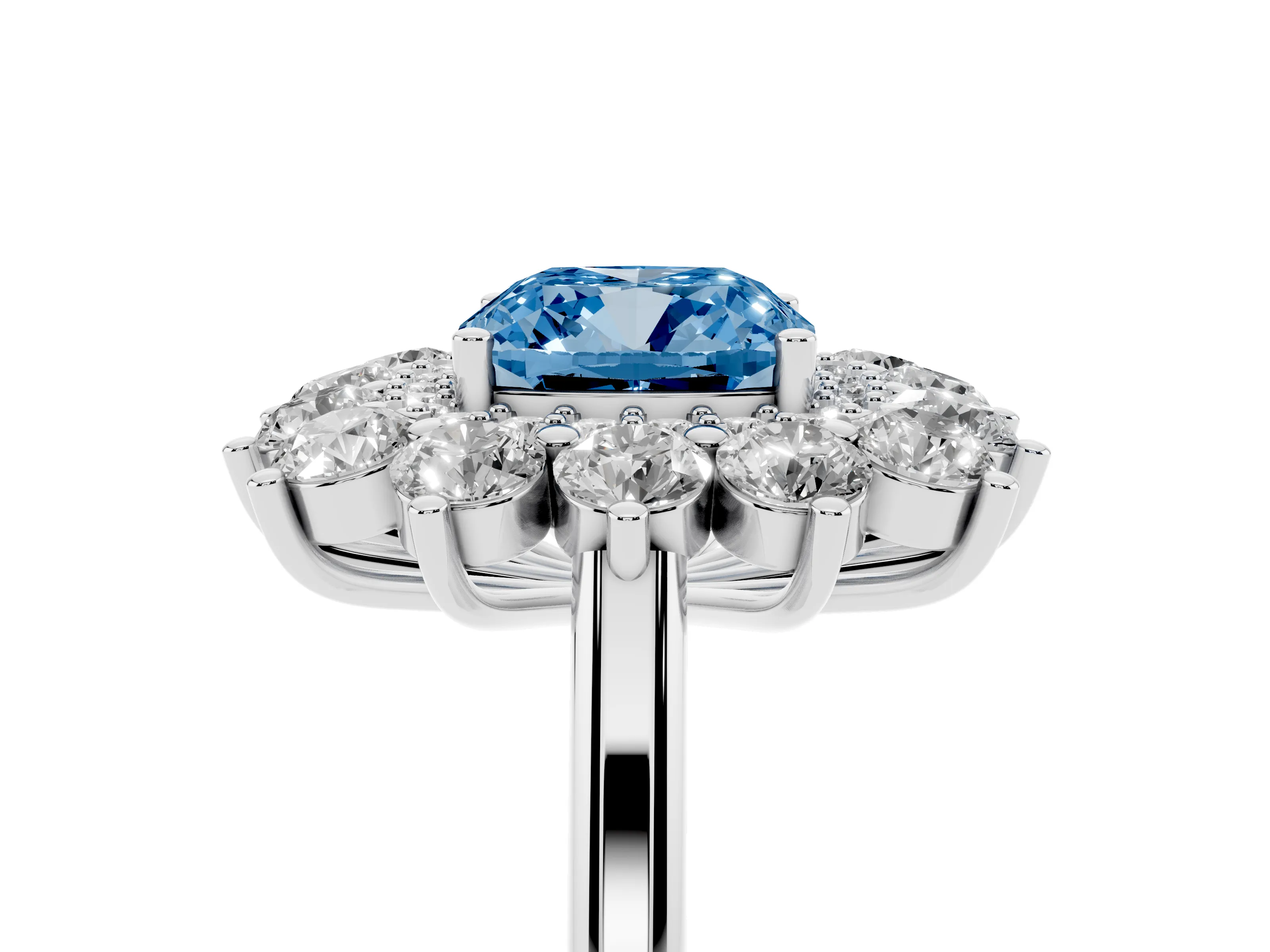 Fancy Blue Cushion Cut Diamond Floral Double Halo Ring Set in Platinum with Round Petals