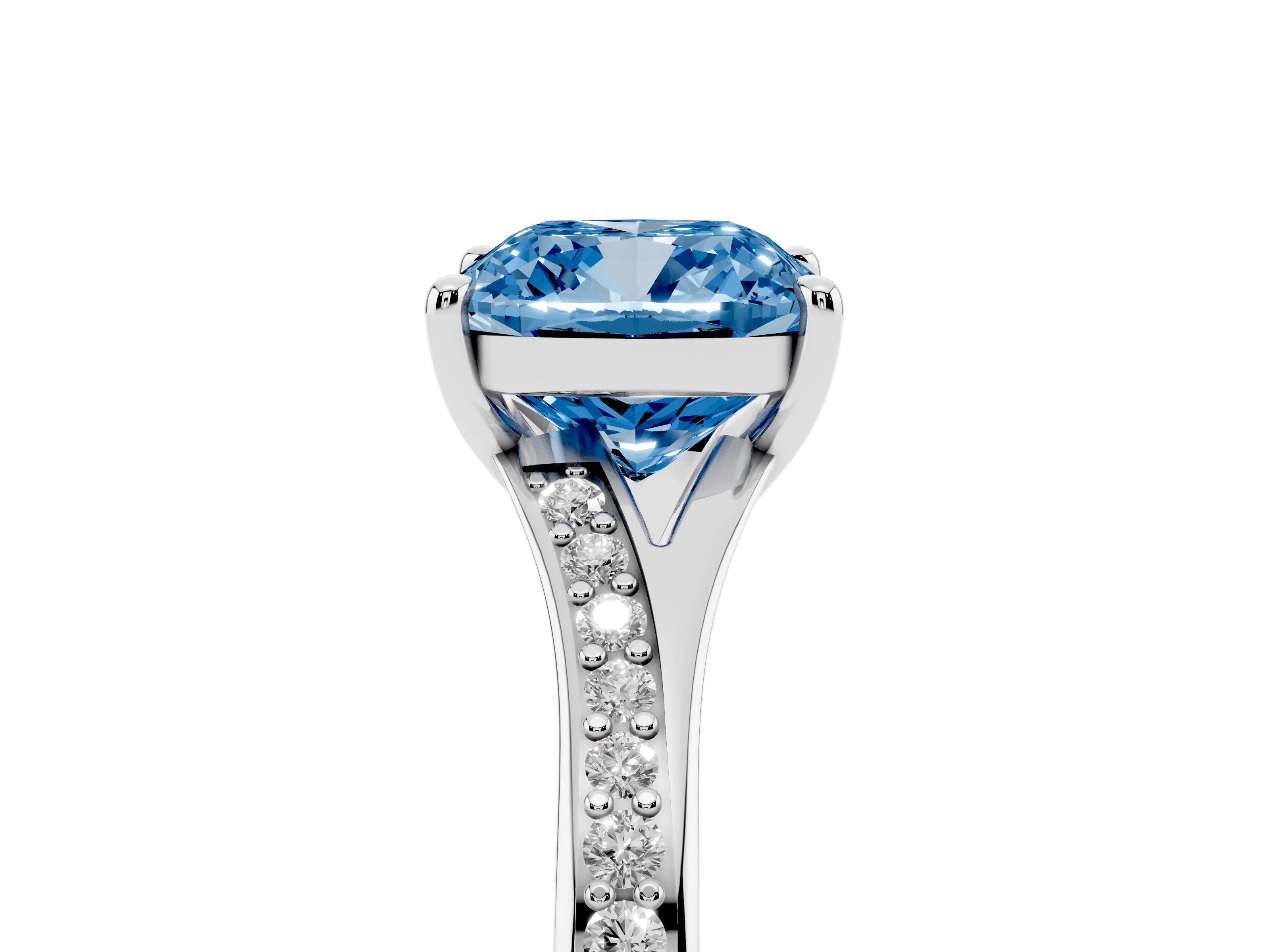 Fancy Blue Cushion Cut Diamond Solitaire Ring Set in Silver with Pavé Accent Band and Classic Prong Setting