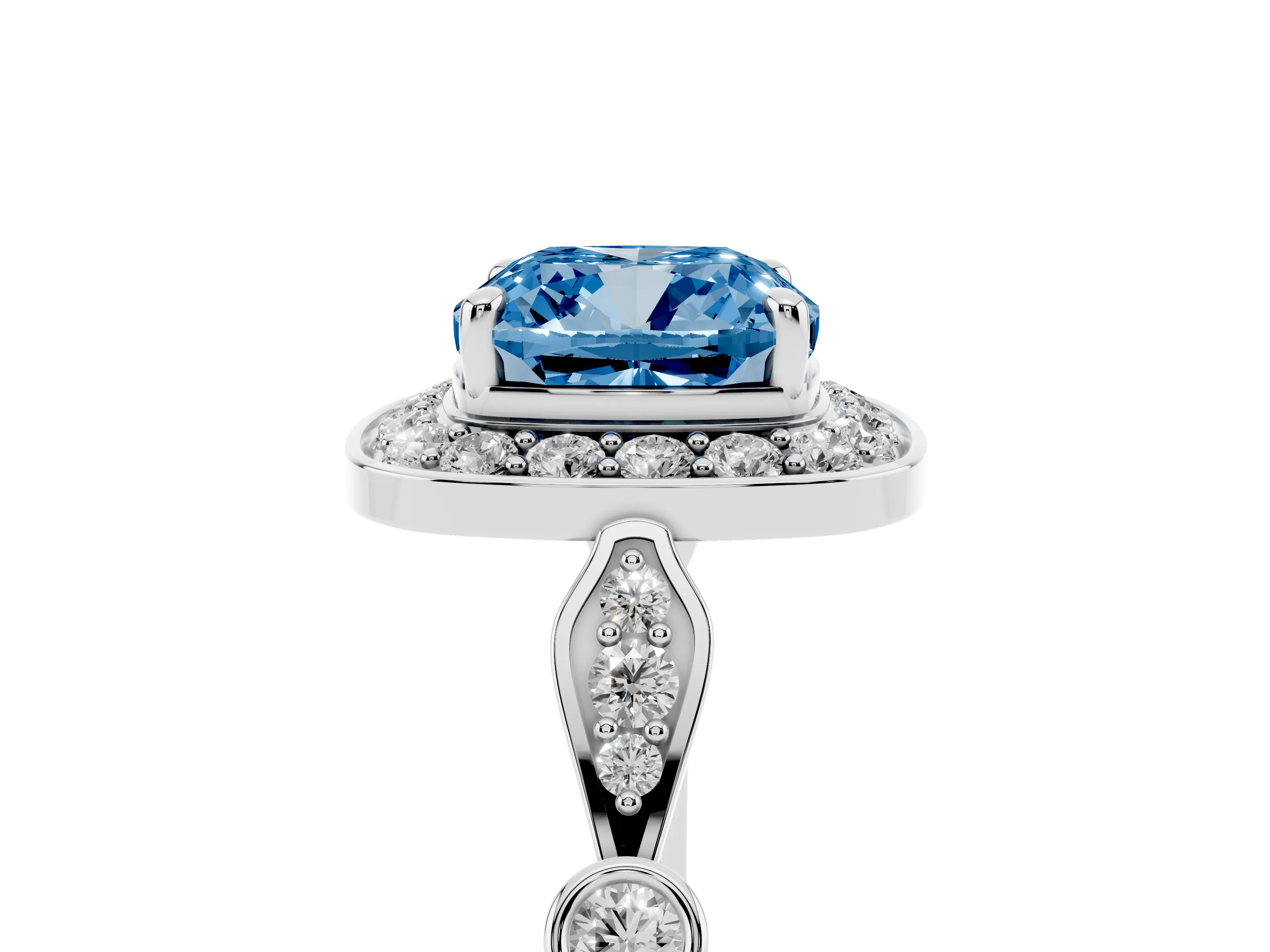 Fancy Blue Cushion Cut Diamond Halo Engagement Ring Set in Platinum with Twisted Band and Prong Setting