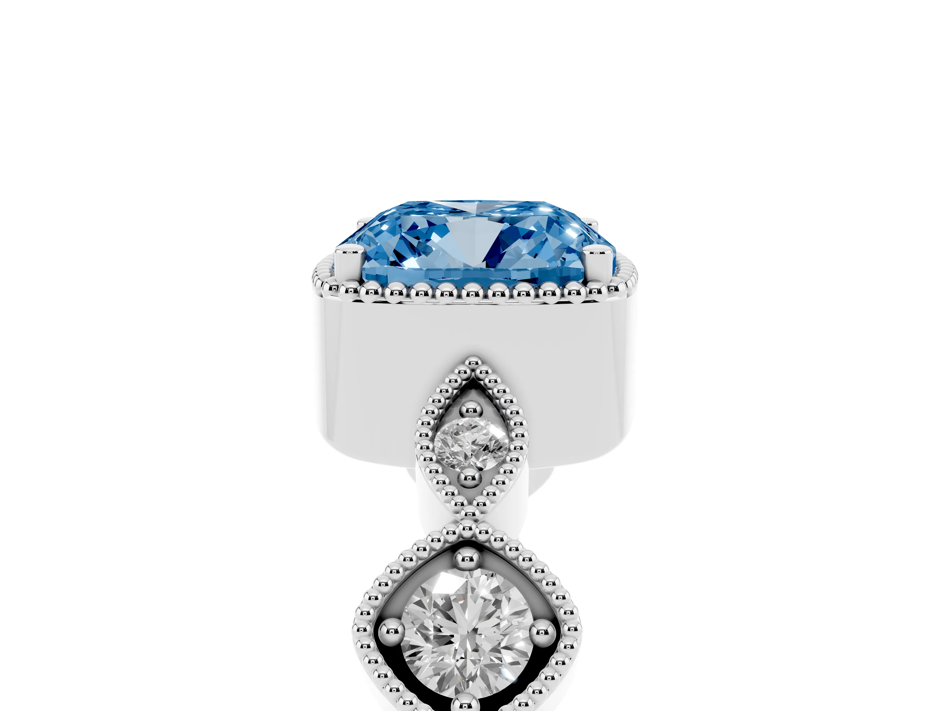 Fancy Blue Cushion Cut Diamond Vintage-Inspired Milgrain Ring Set in White gold with Marquise Stations of Round Accents