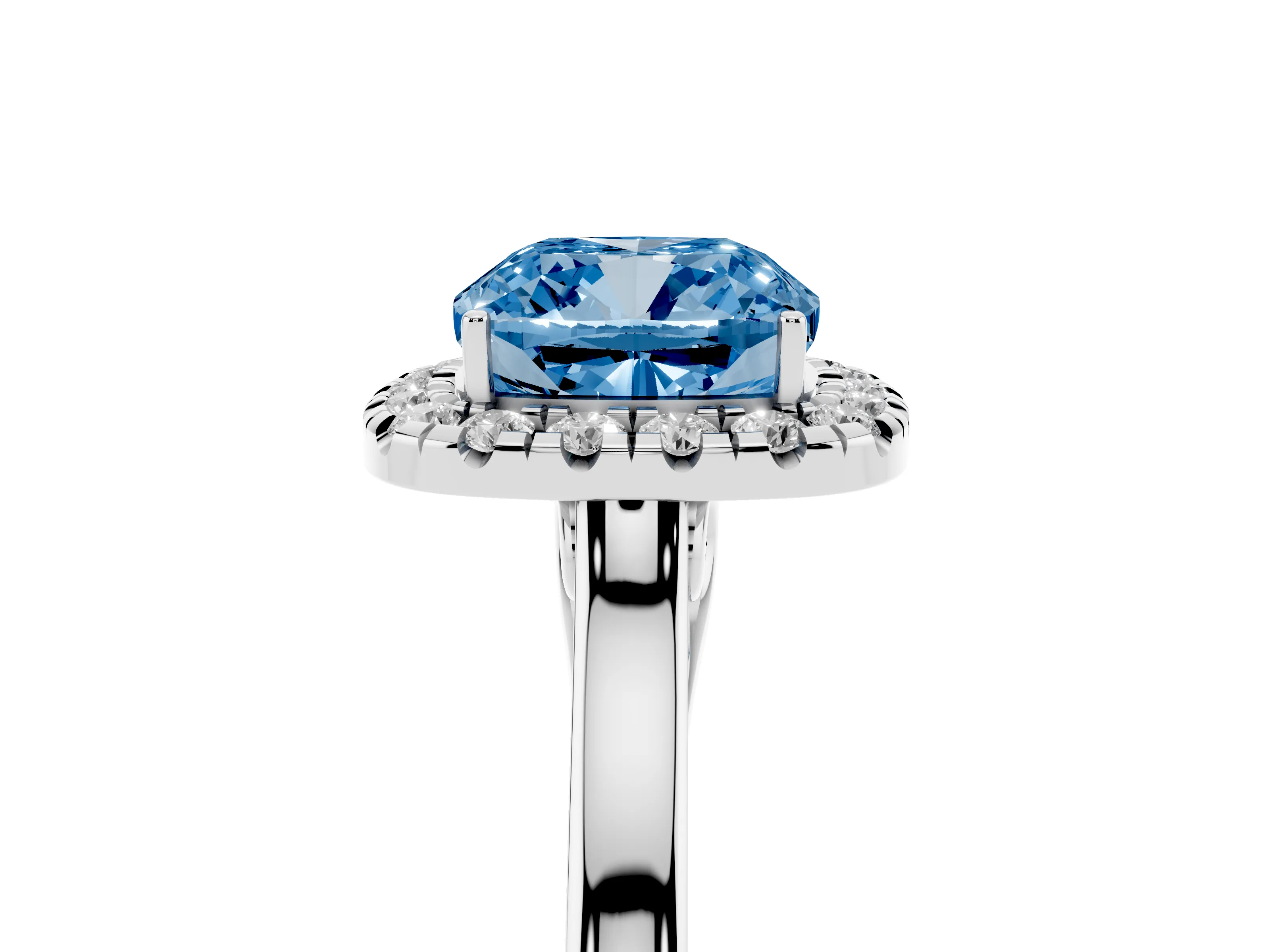 Fancy Blue Cushion Cut Halo Round Diamond Solitaire Ring Set in Platinum with Pavé Band and Prong Setting