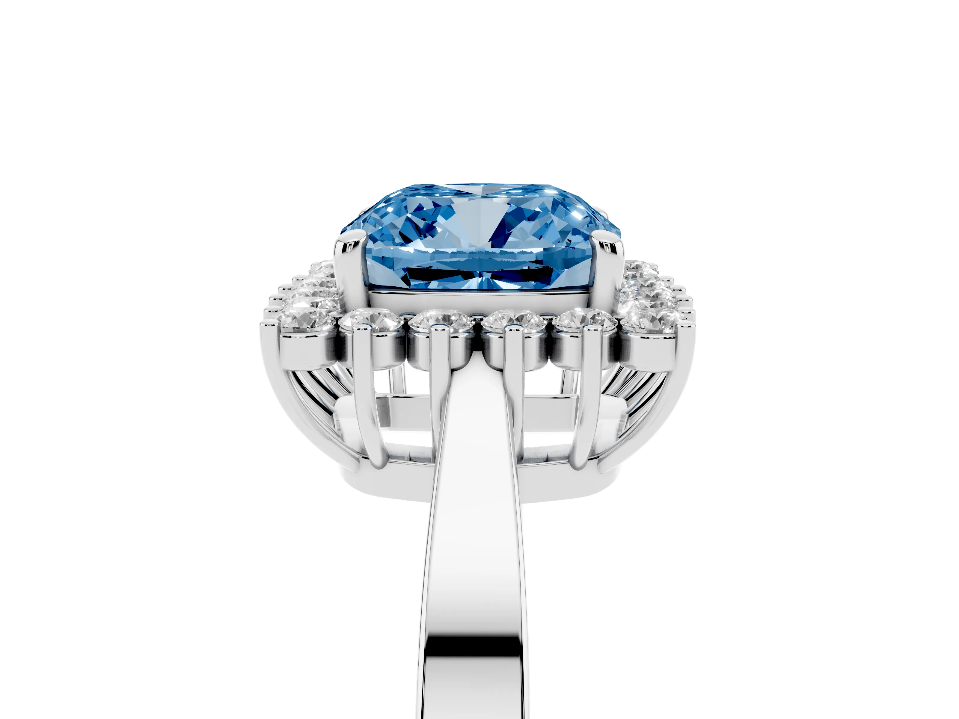 Fancy Blue Cushion Cut Diamond Halo Ring Set in White gold with Round Halo and Smooth Solitaire Band