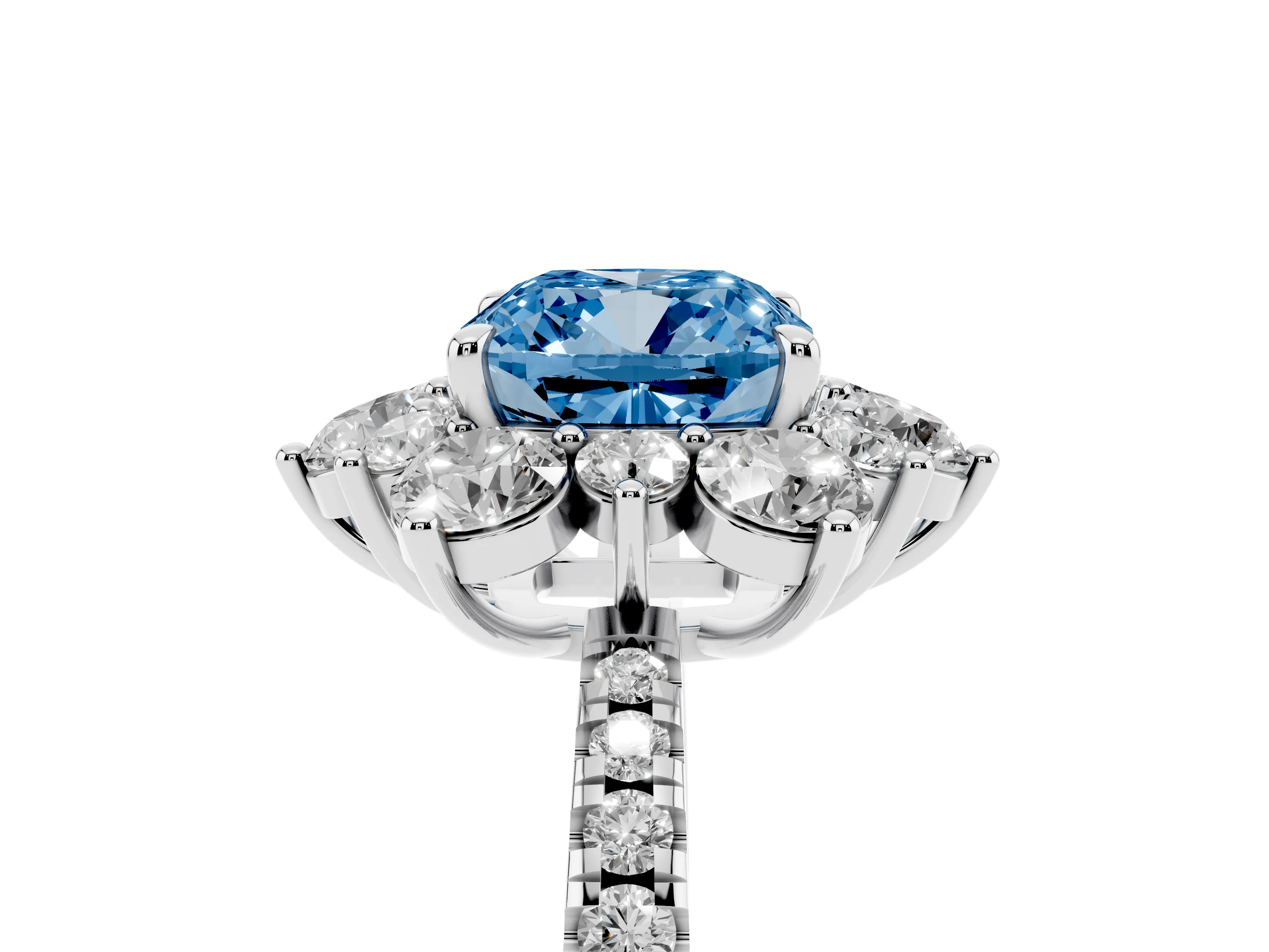 Fancy Blue Cushion Cut Diamond Floral Halo Ring Set in Silver with Round Pavé Band and Prong Setting