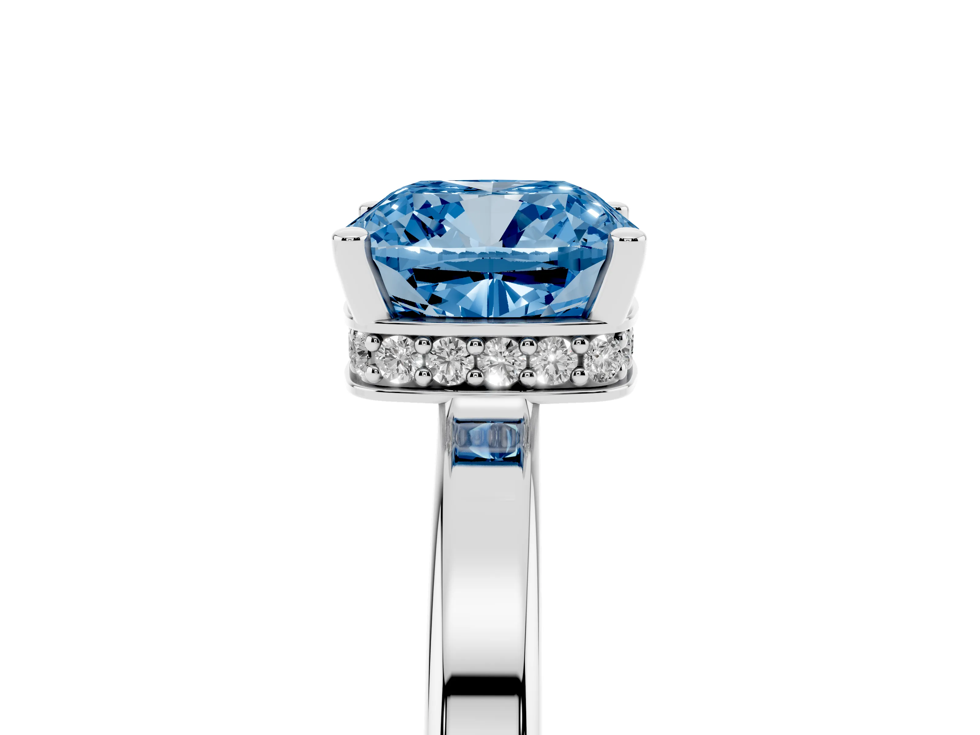 Fancy Blue Cushion Cut Diamond Solitaire Engagement Ring Set in Platinum with Prong Setting on a Plain Band