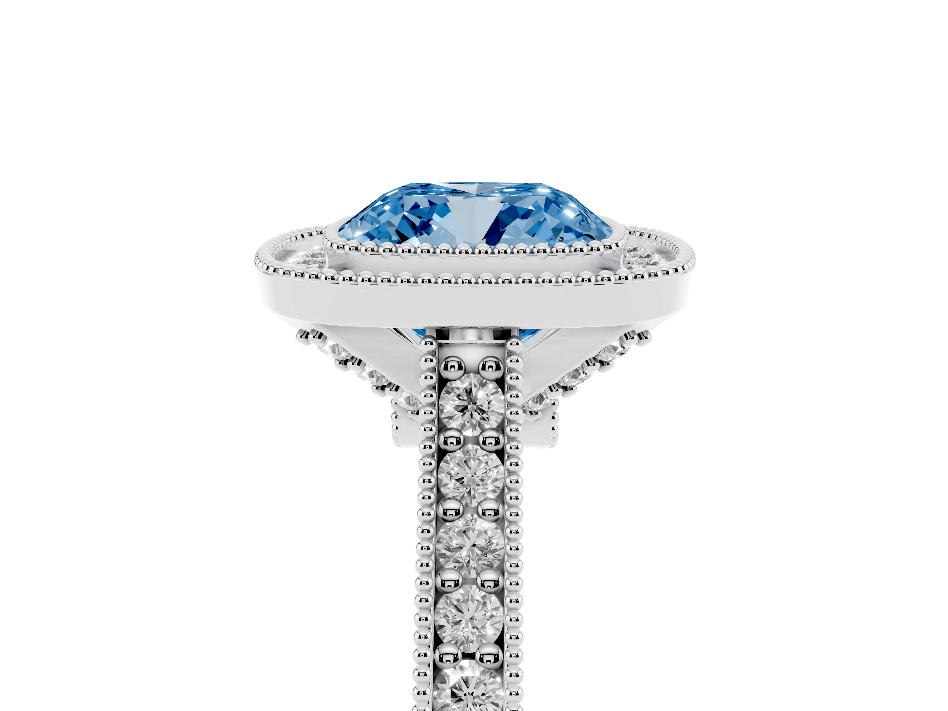 Fancy Blue Cushion Cut Diamond Halo Milgrain Pavé Band Ring Set in White gold with Prong Setting