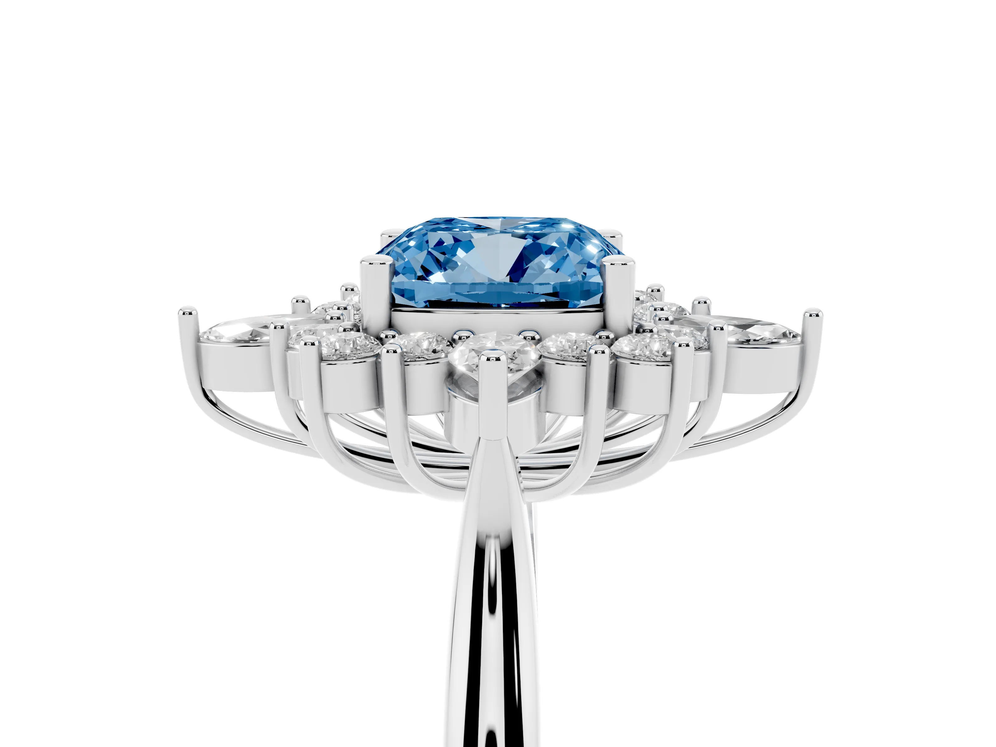 Fancy Blue Cushion Cut Diamond Cluster Halo Ring Set in Silver with Marquise and Round Accents