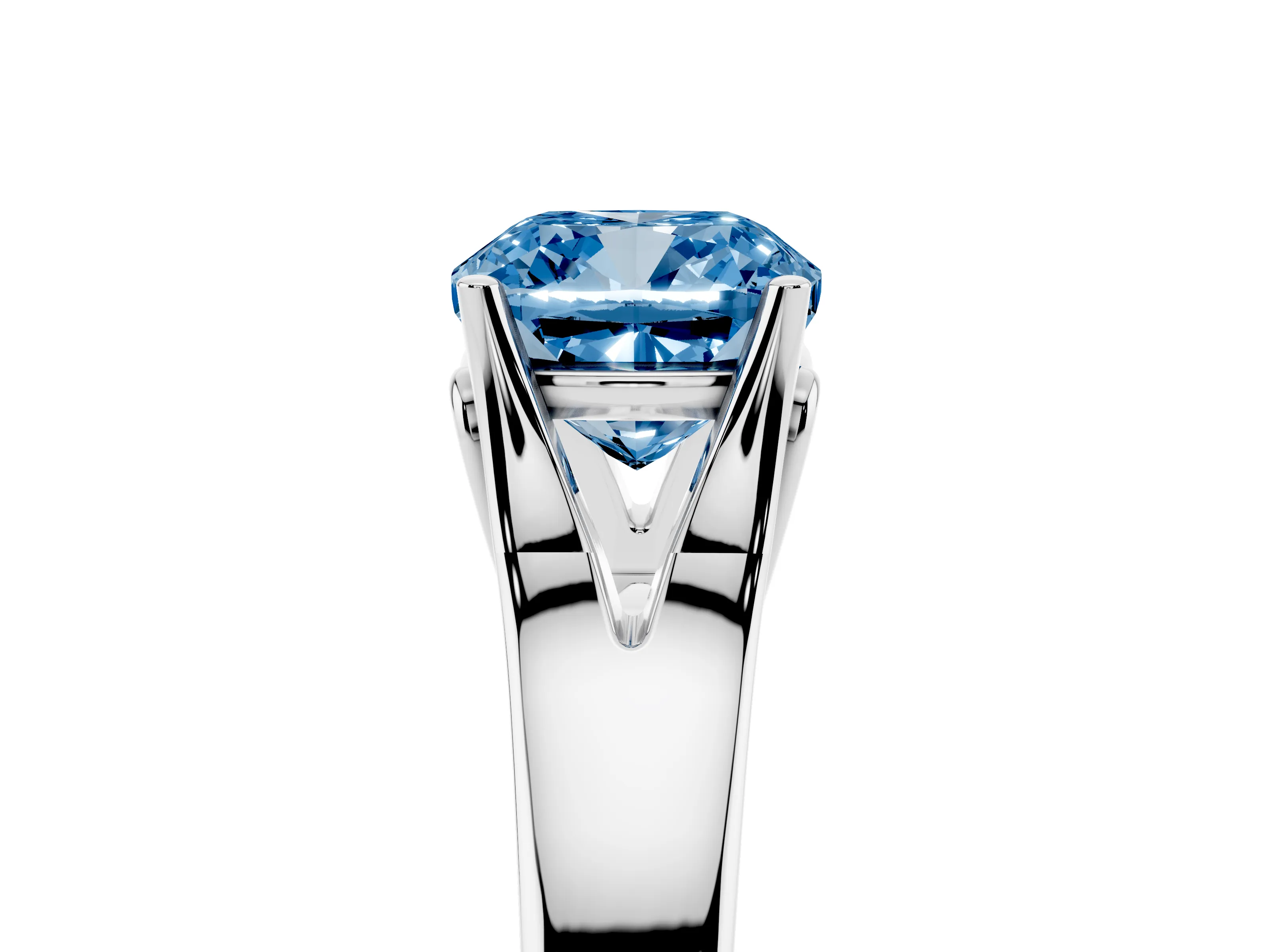 Fancy Blue Cushion Cut Diamond Solitaire Ring Set in White gold with Arched Cathedral Band and Prong Setting