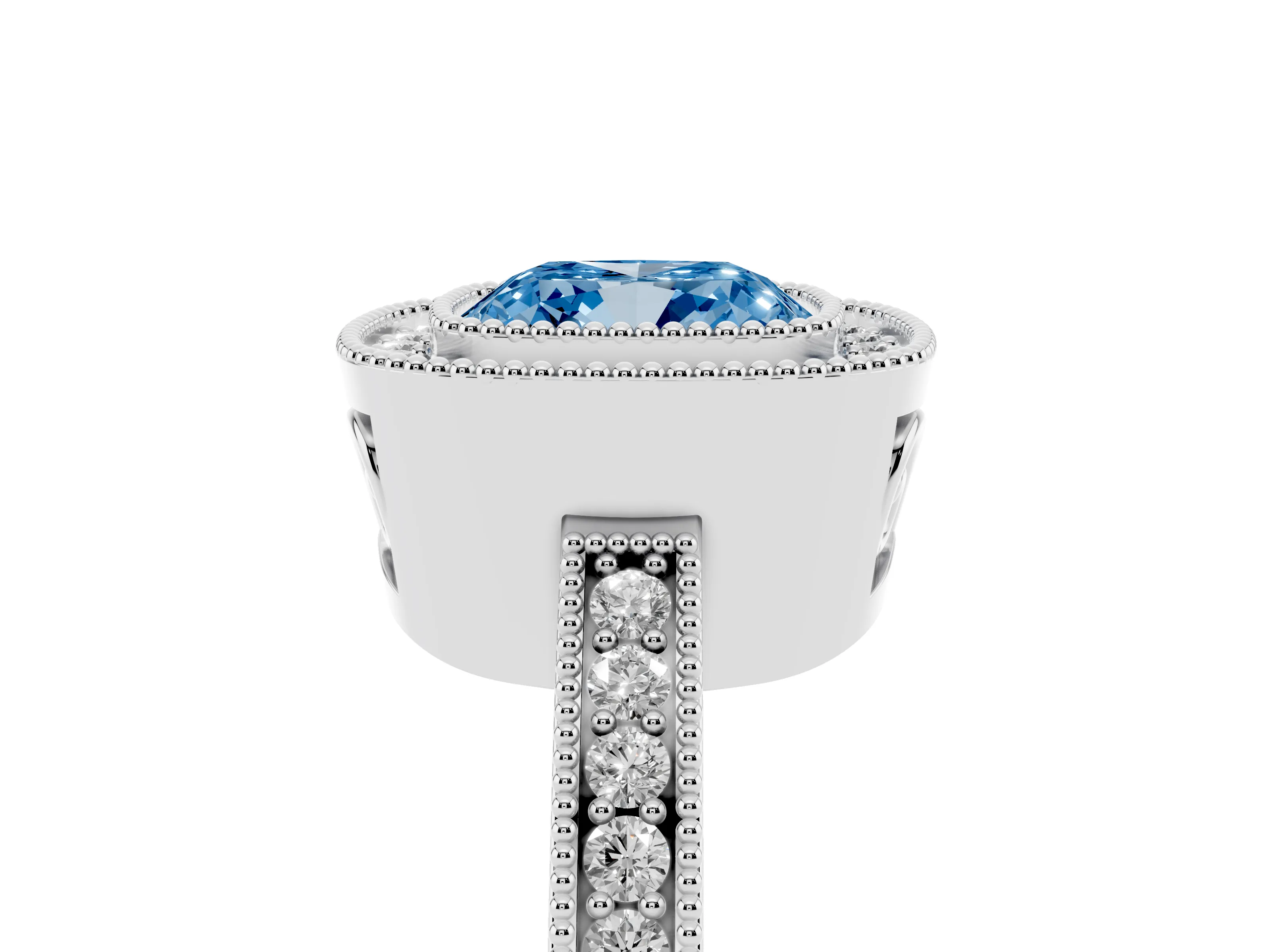 Fancy Blue Cushion Cut Diamond Round Halo Ring Set in Platinum with Pavé Band