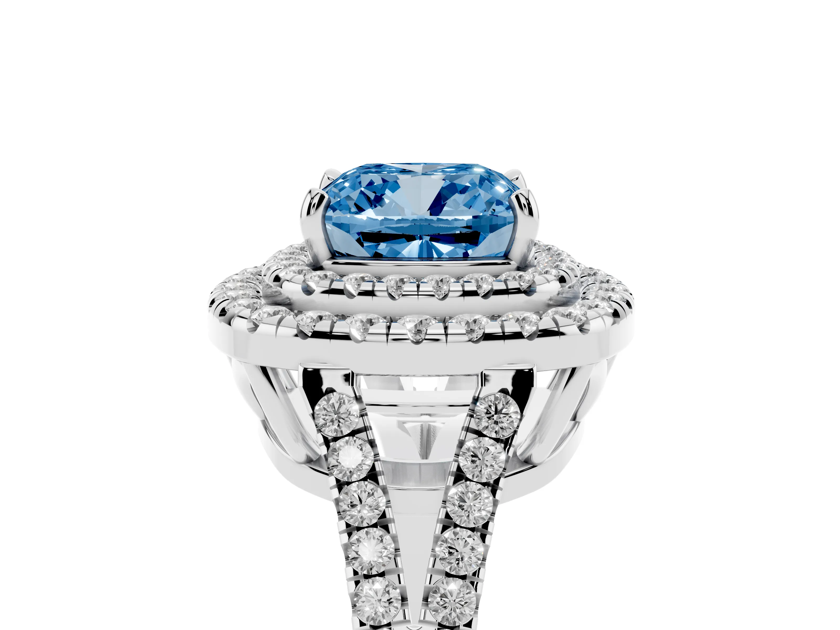 Fancy Blue Cushion Cut Diamond Double Halo Ring Set in Silver with Pavé Band