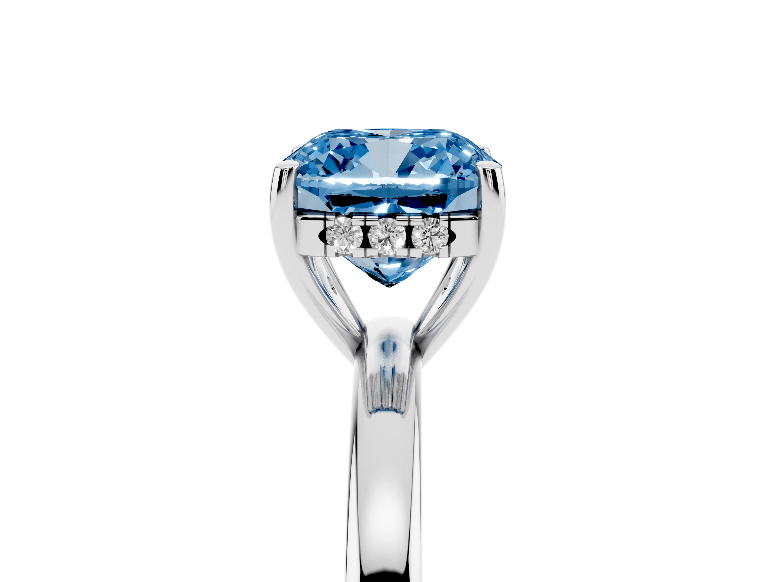 Fancy Blue Cushion Cut Diamond Solitaire Ring Set in Platinum with Plain Band and Prong Setting