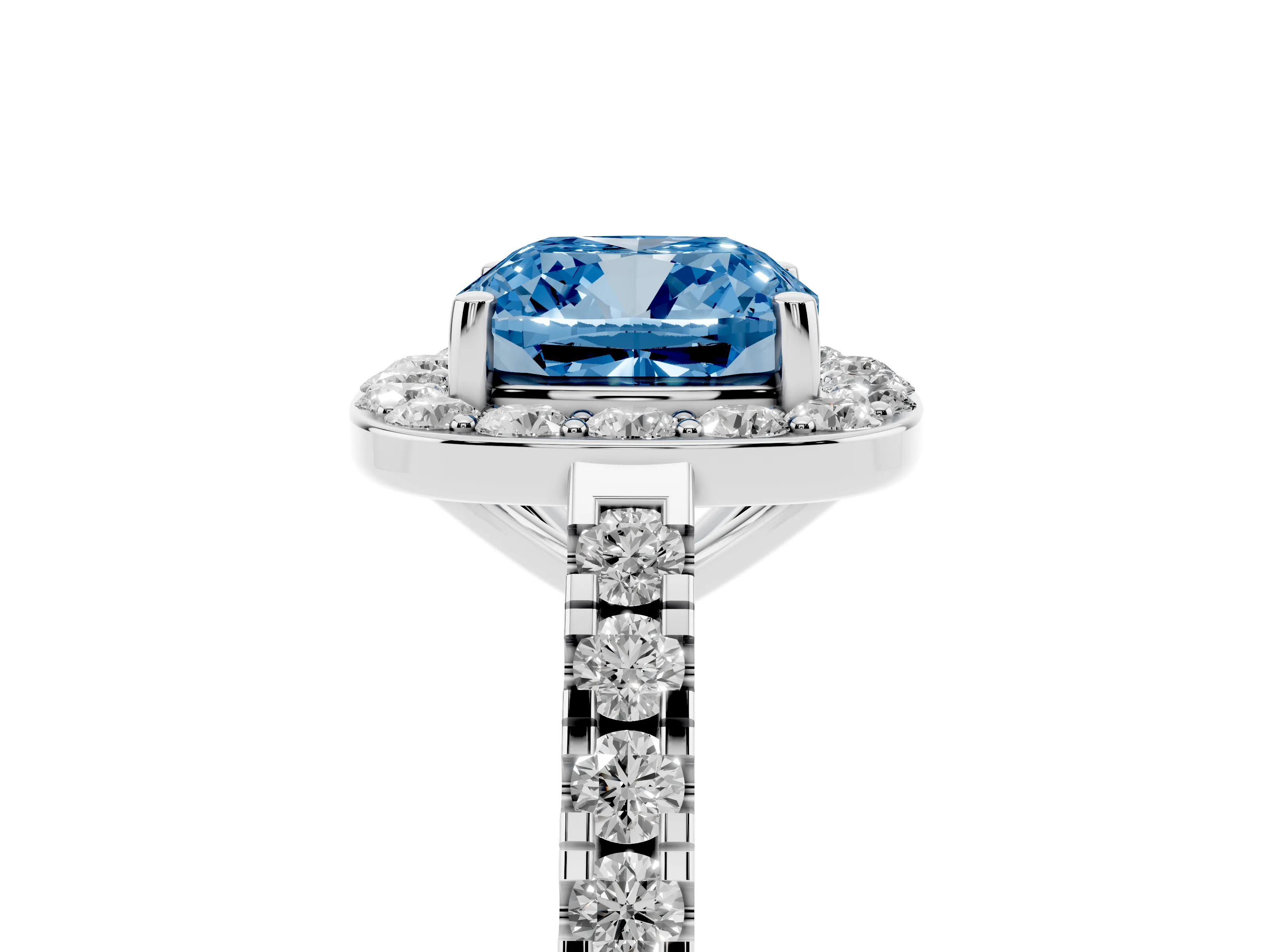 Fancy Blue Cushion Cut Diamond Halo Ring Set in Silver with Round Pavé Split Shank and Prong Setting