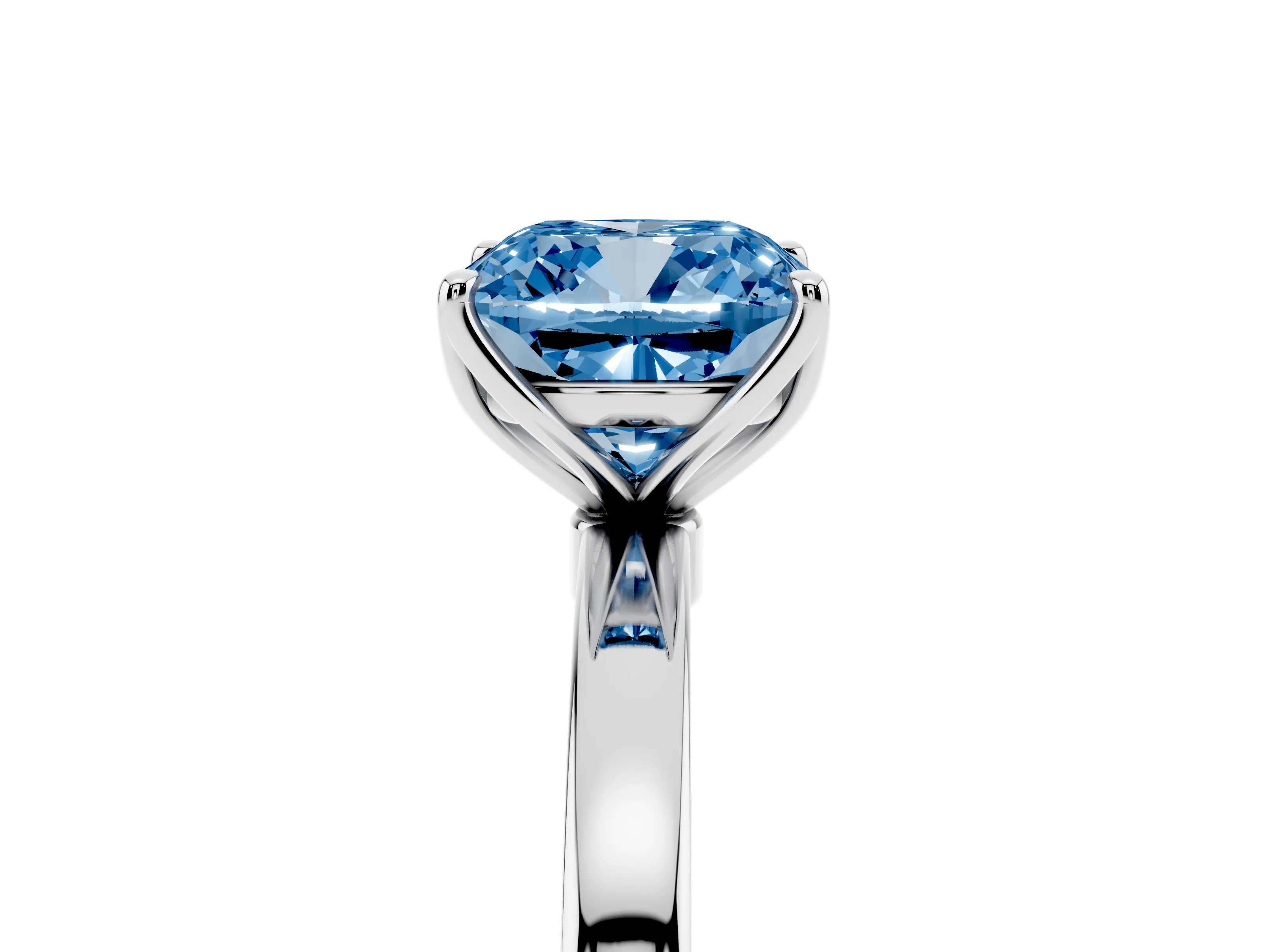 Fancy Blue Cushion Cut Diamond Solitaire Ring Set in White gold with Prong Setting and Thin Polished Band