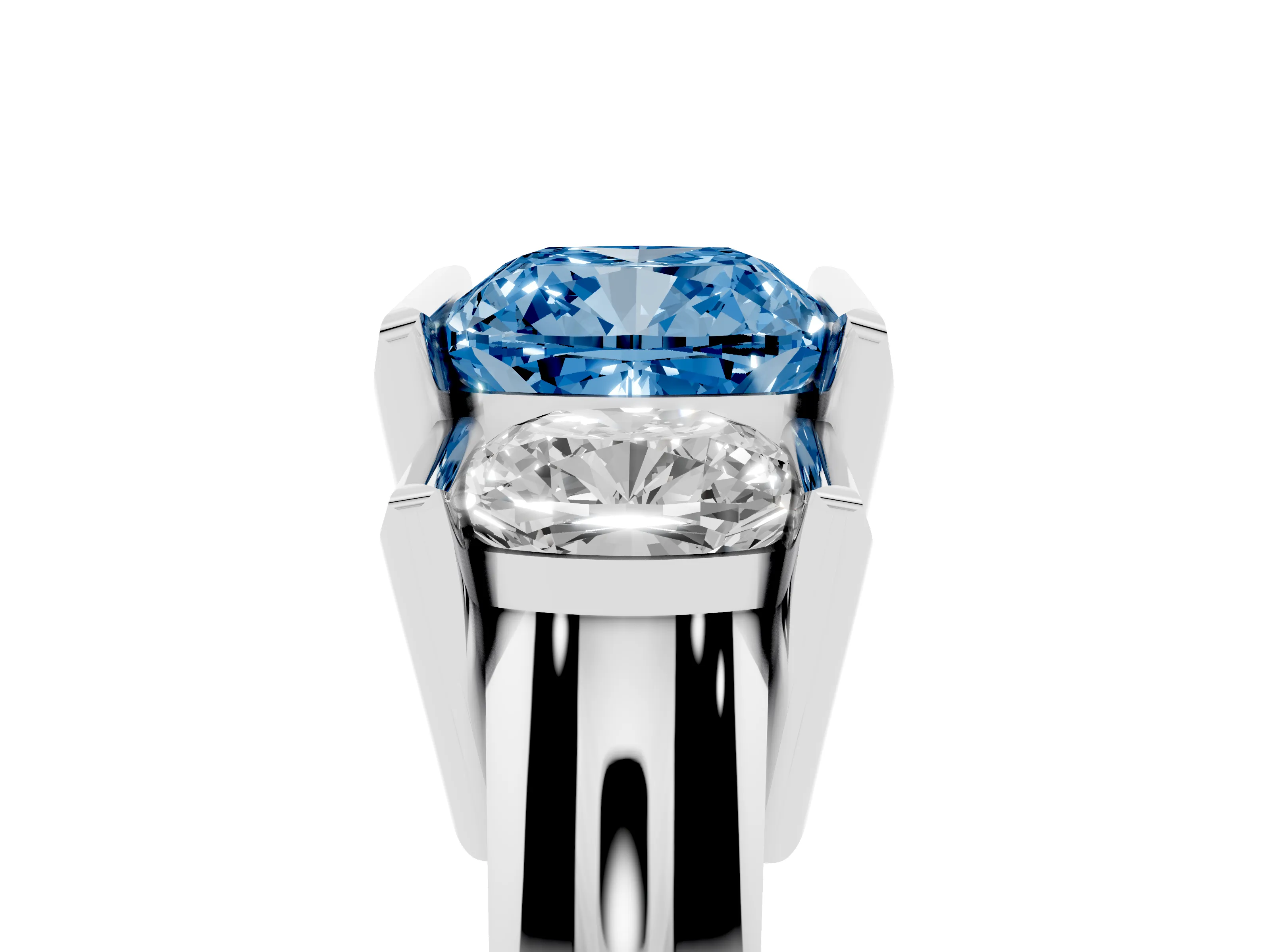 Fancy Blue Cushion Cut Diamond Three-Stone Channel Set Ring Set in Silver with Smooth Polished Band