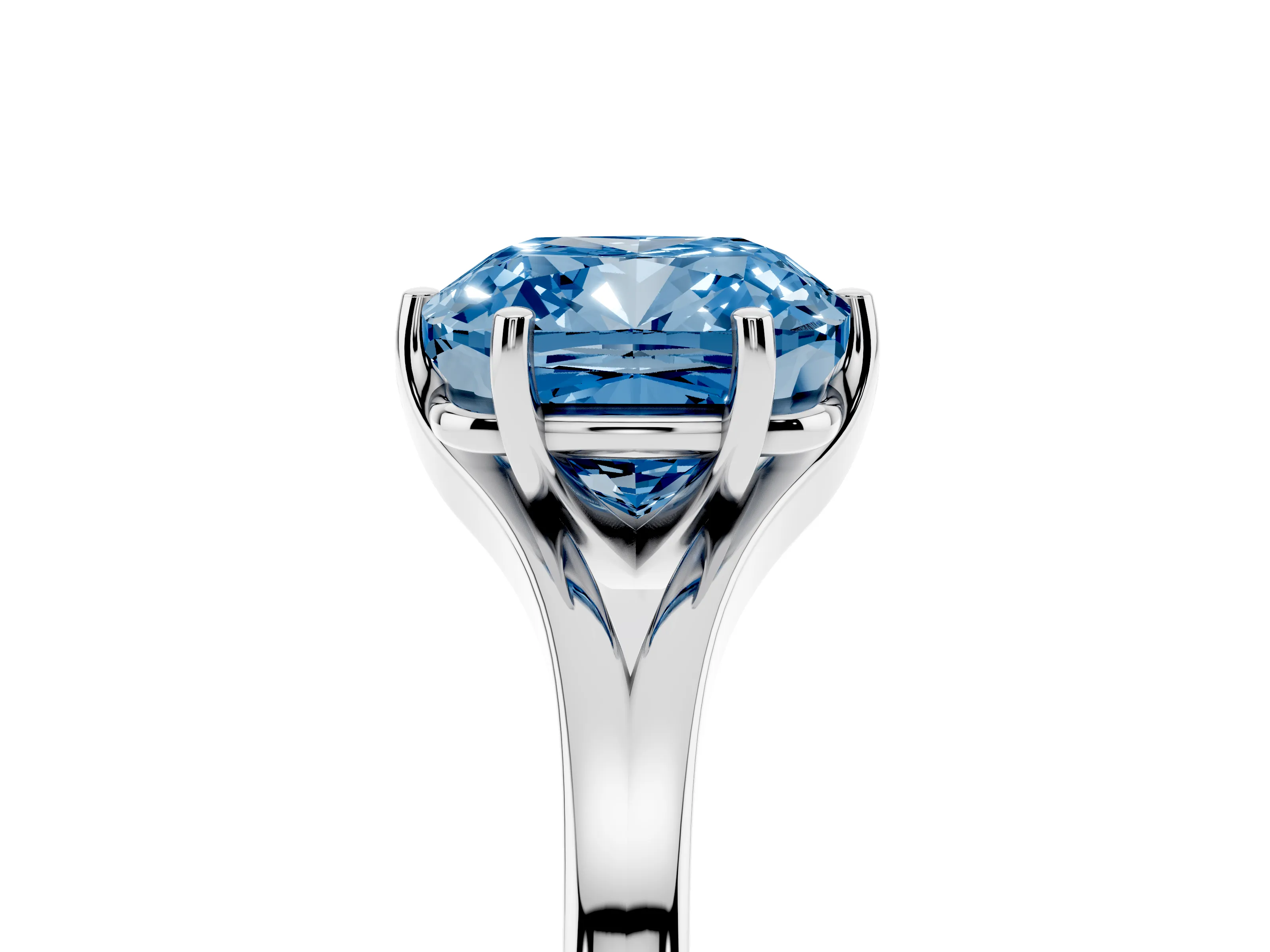 Fancy Blue Cushion Cut Diamond Solitaire Ring Set in White gold with Polished Tapered Band and Prong Setting