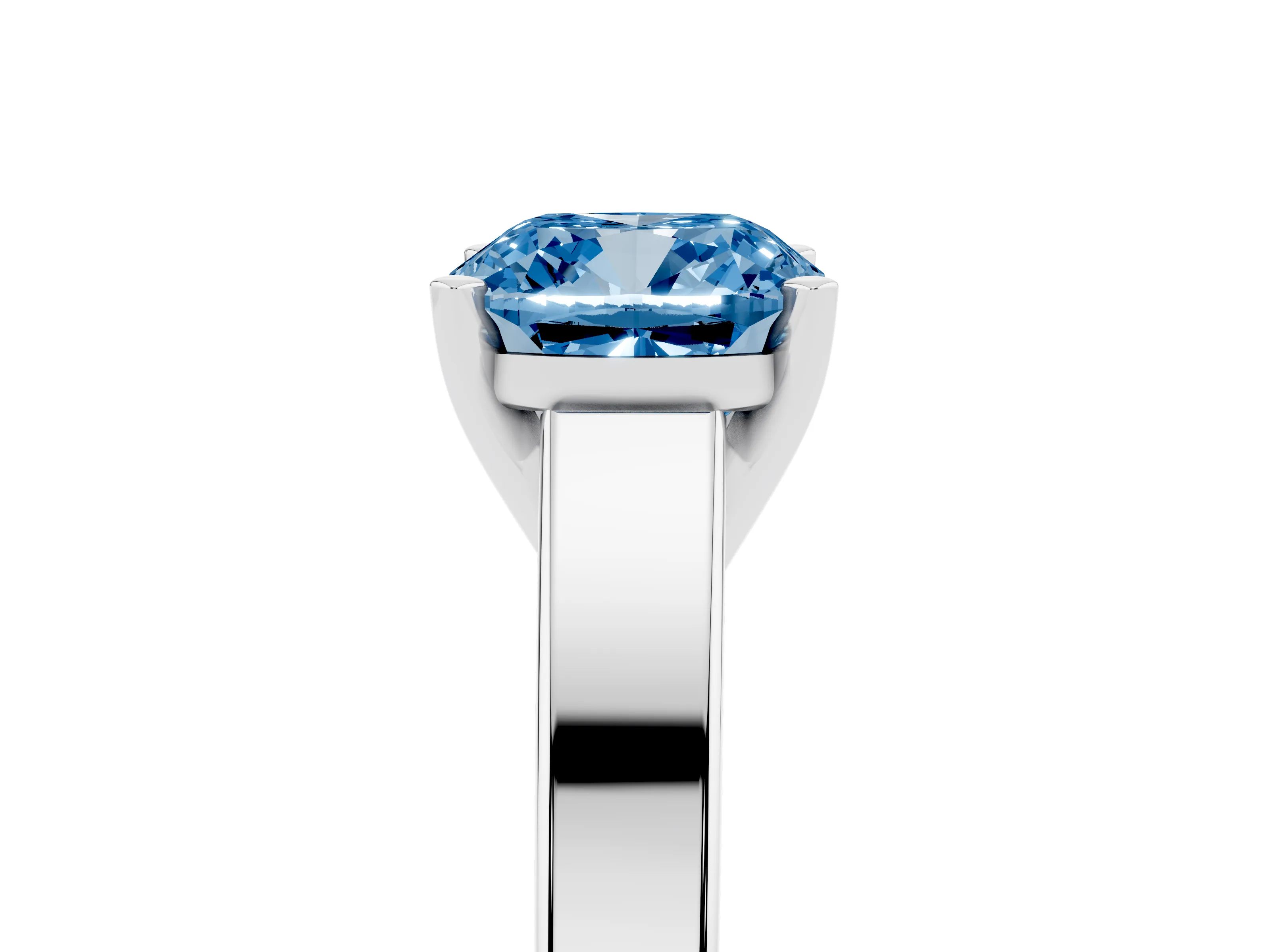 Fancy Blue Cushion Cut Diamond Solitaire Engagement Ring Set in White gold with Prong Setting and Tapered Band