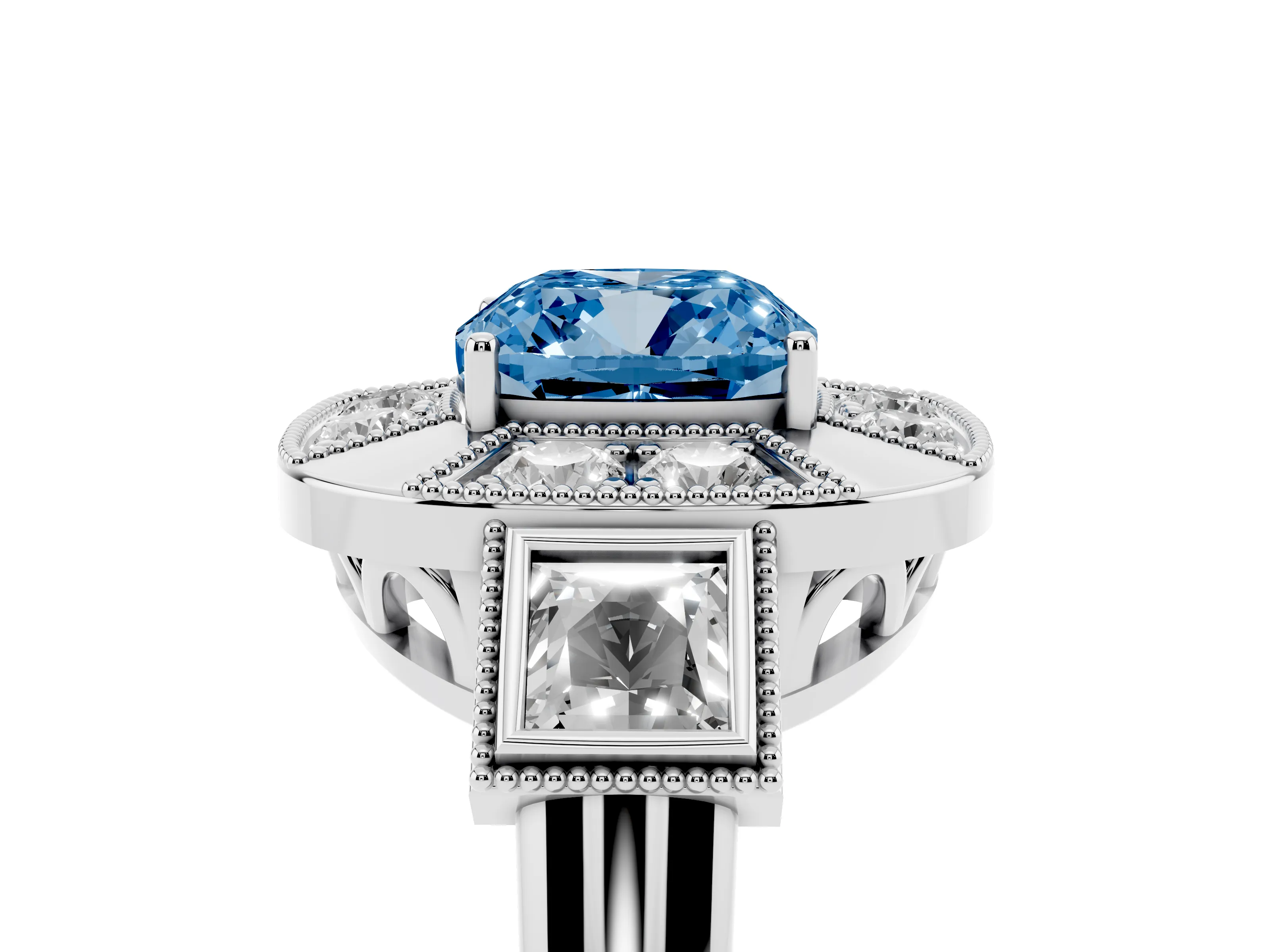 Fancy Blue Cushion Cut Diamond Milgrain Halo Ring Set in Platinum with Split Shank