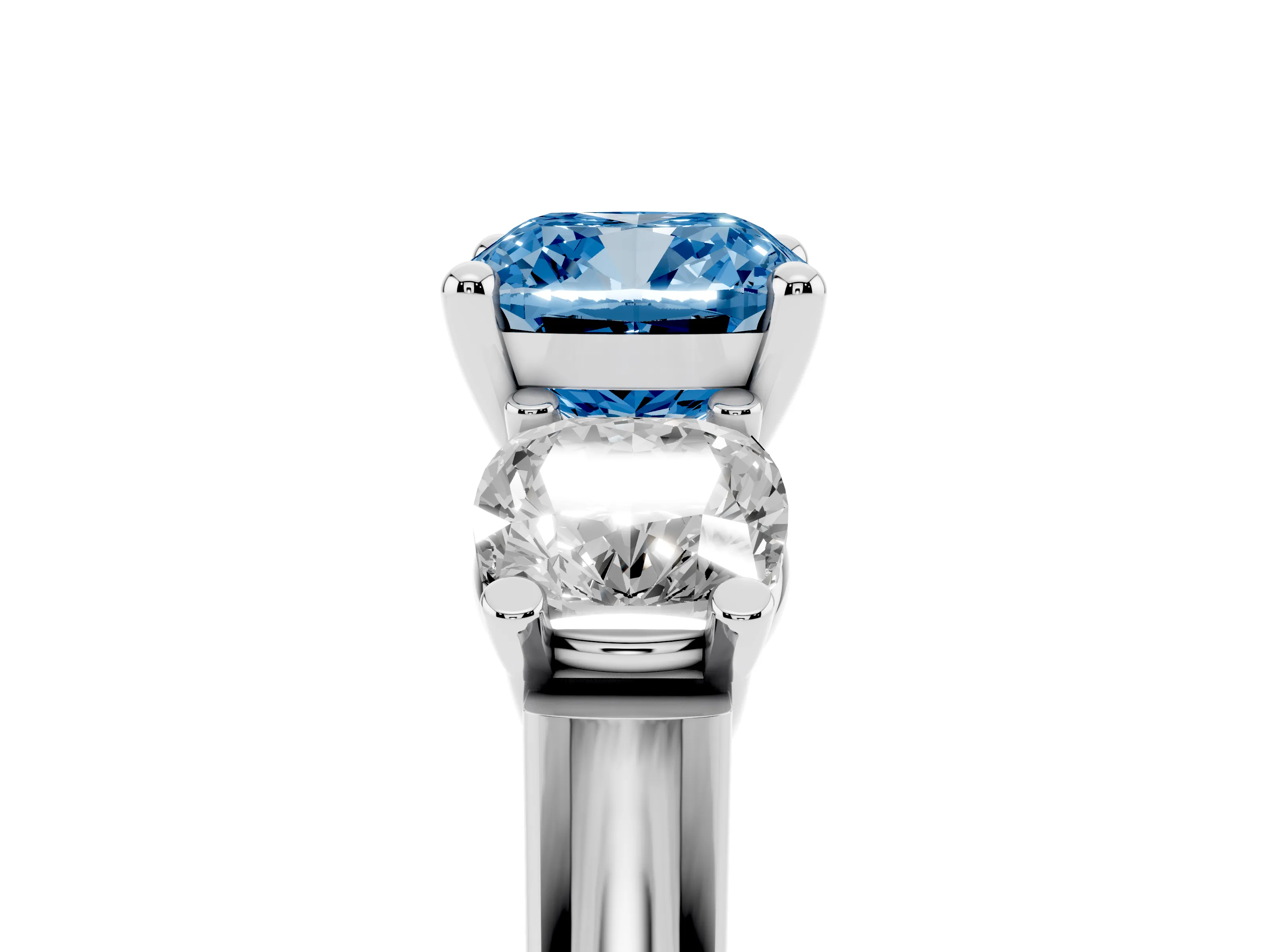 Fancy Blue Cushion Cut Diamond Three-Stone Trellis Ring Set in White gold with Comfort Fit Band