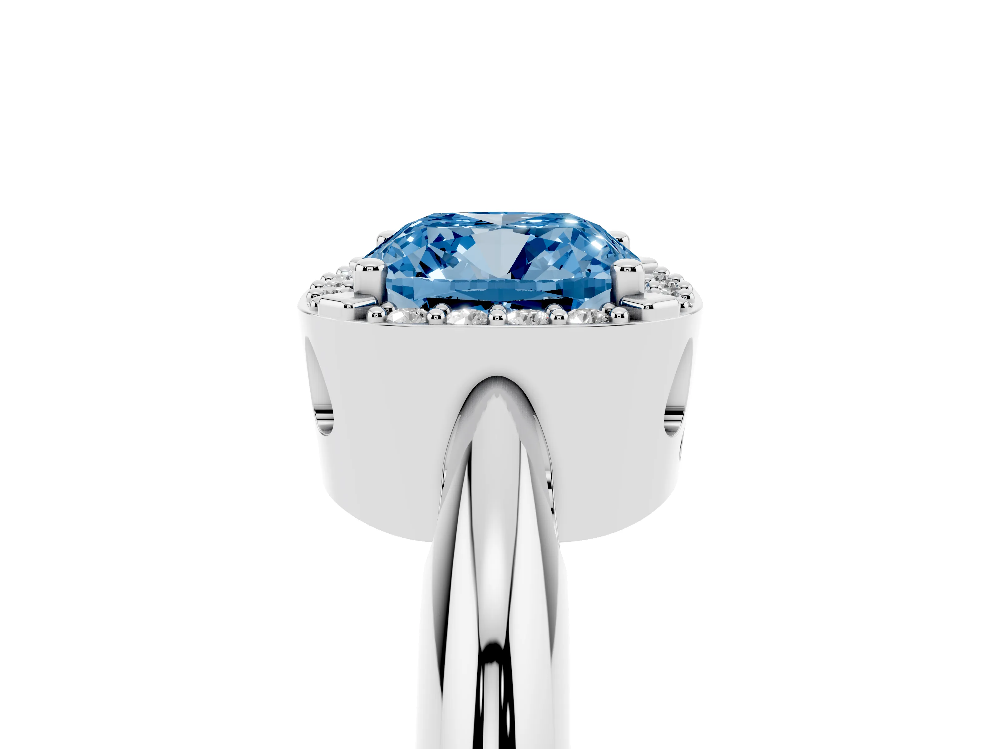 Fancy Blue Cushion Cut Diamond Halo Engagement Ring Set in Platinum with Plain Split Shank and Prong Setting