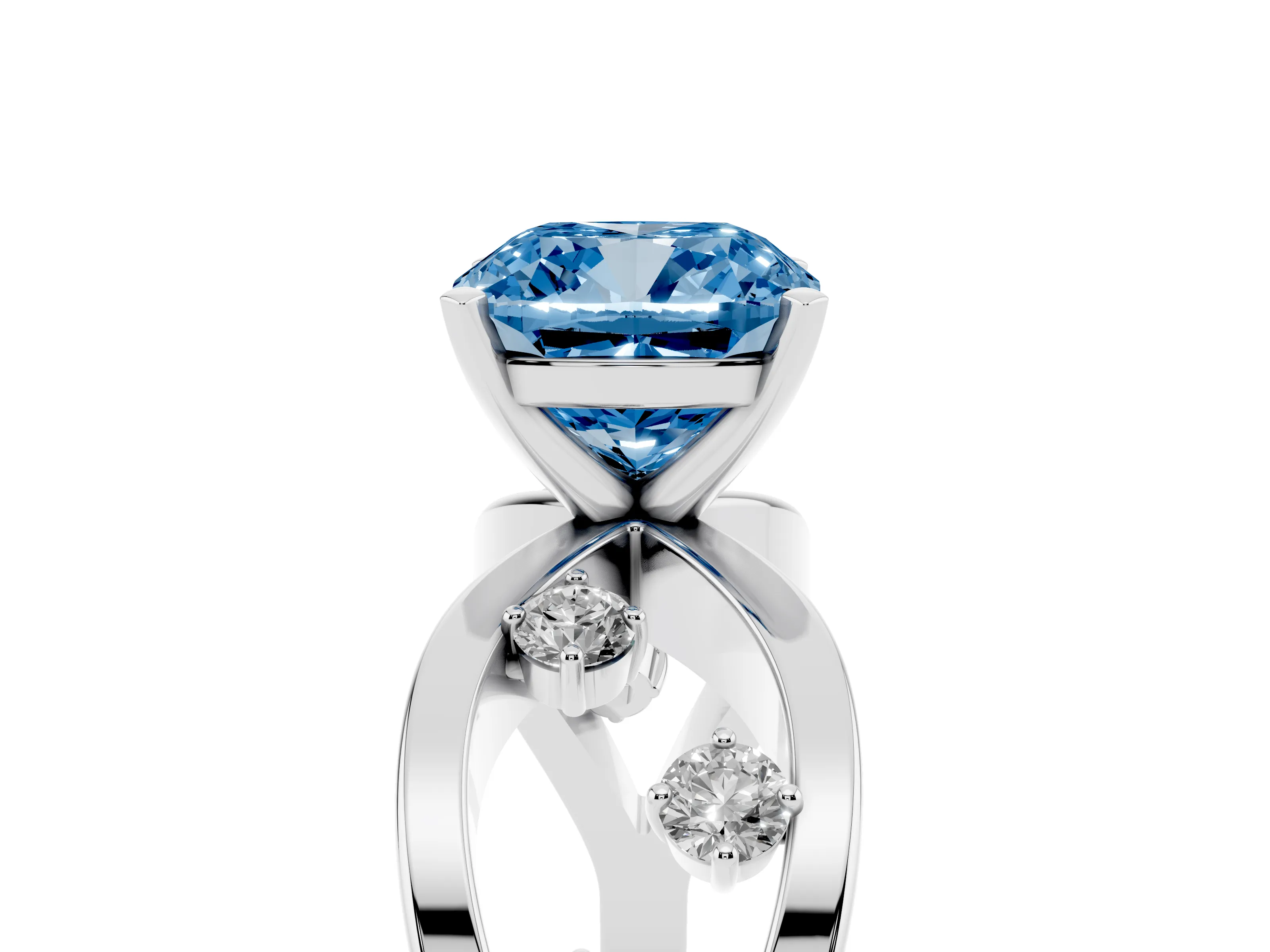 Fancy Blue Cushion Cut Diamond Solitaire Ring Set in Platinum with Side Stones on Criss-Cross Band and Prong Setting
