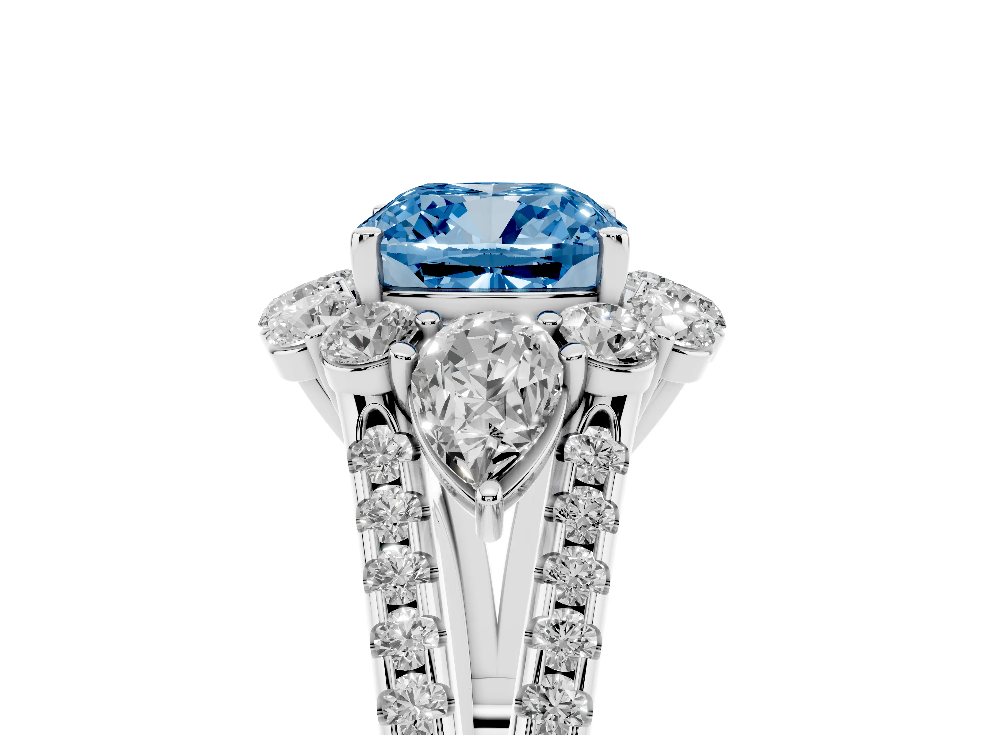 Fancy Blue Cushion Cut Diamond Halo Split Shank Engagement Ring Set in Platinum with Prong-Held Center Stone