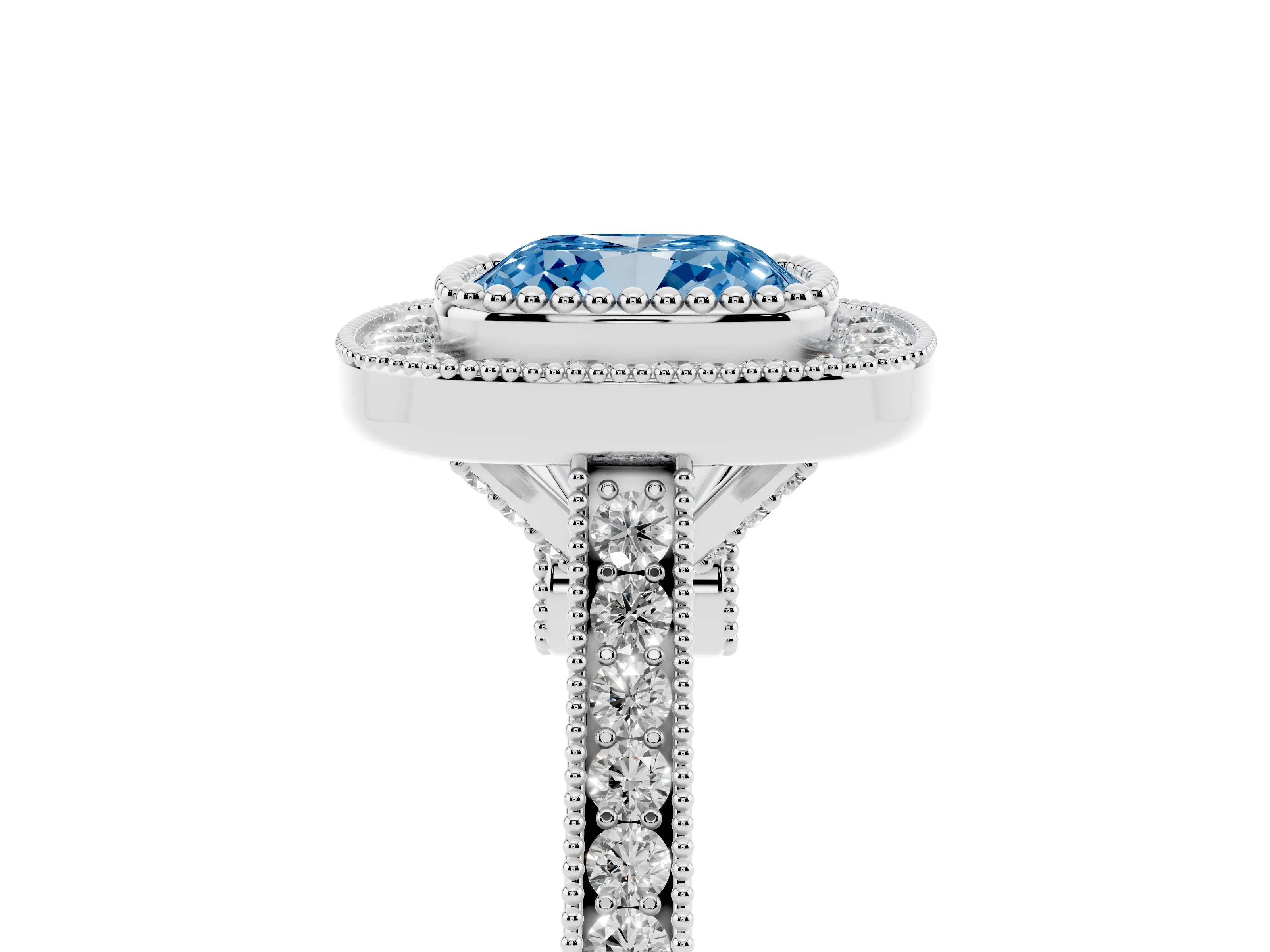Fancy Blue Cushion Cut Diamond Halo Ring Set in Platinum with Milgrain Frame and Pavé Band