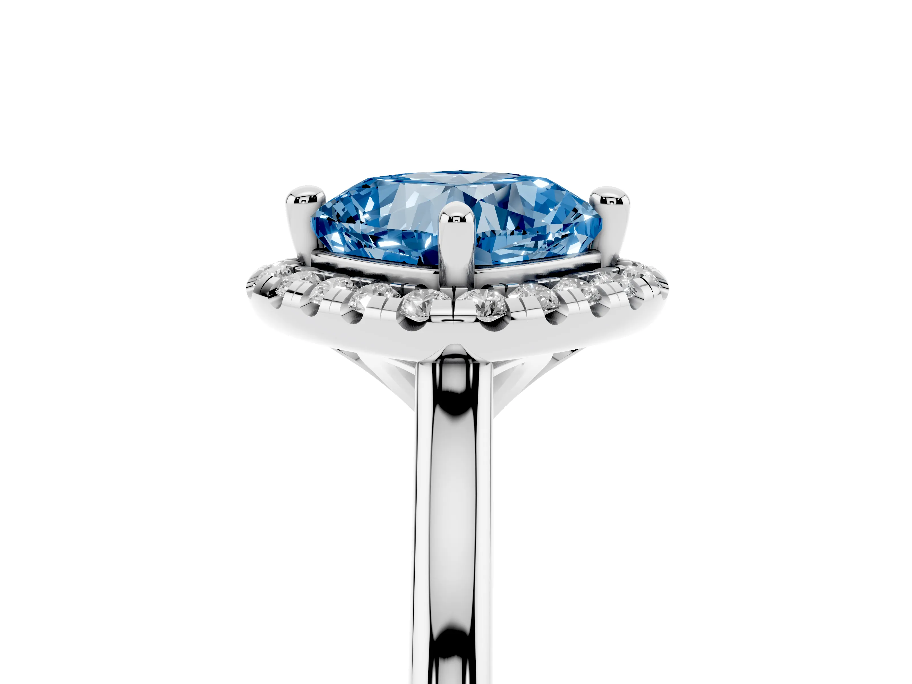 Fancy Blue Cushion Cut Diamond Halo Engagement Ring Set in Silver with Pavé Band and Rising Shoulders