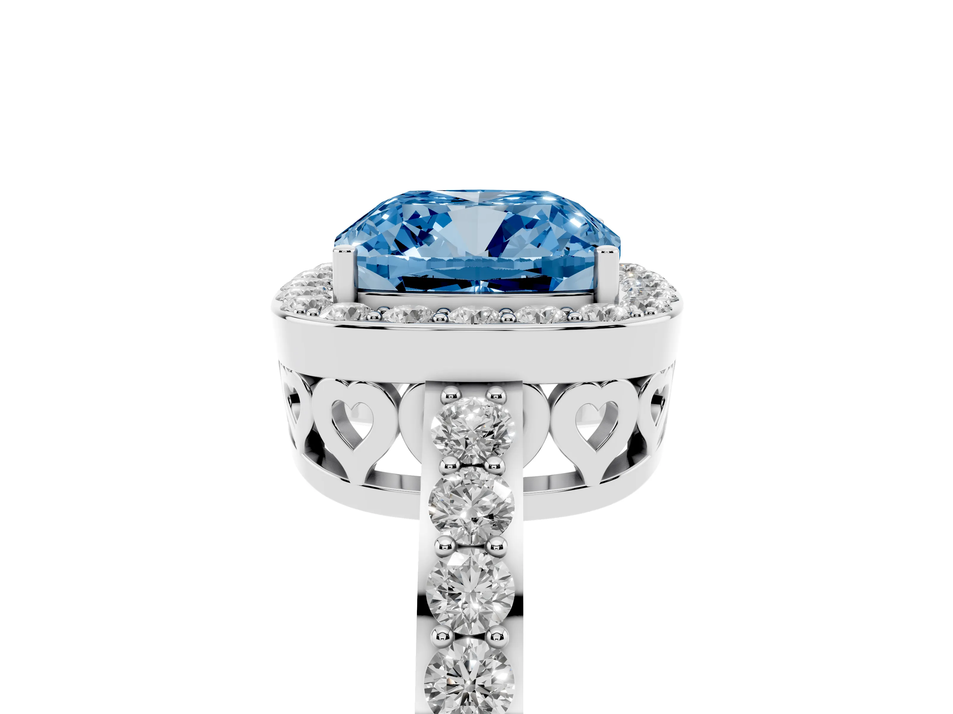Fancy Blue Cushion Cut Diamond Halo Ring Set in Platinum with Pavé-Setting Band and Open Prong Center
