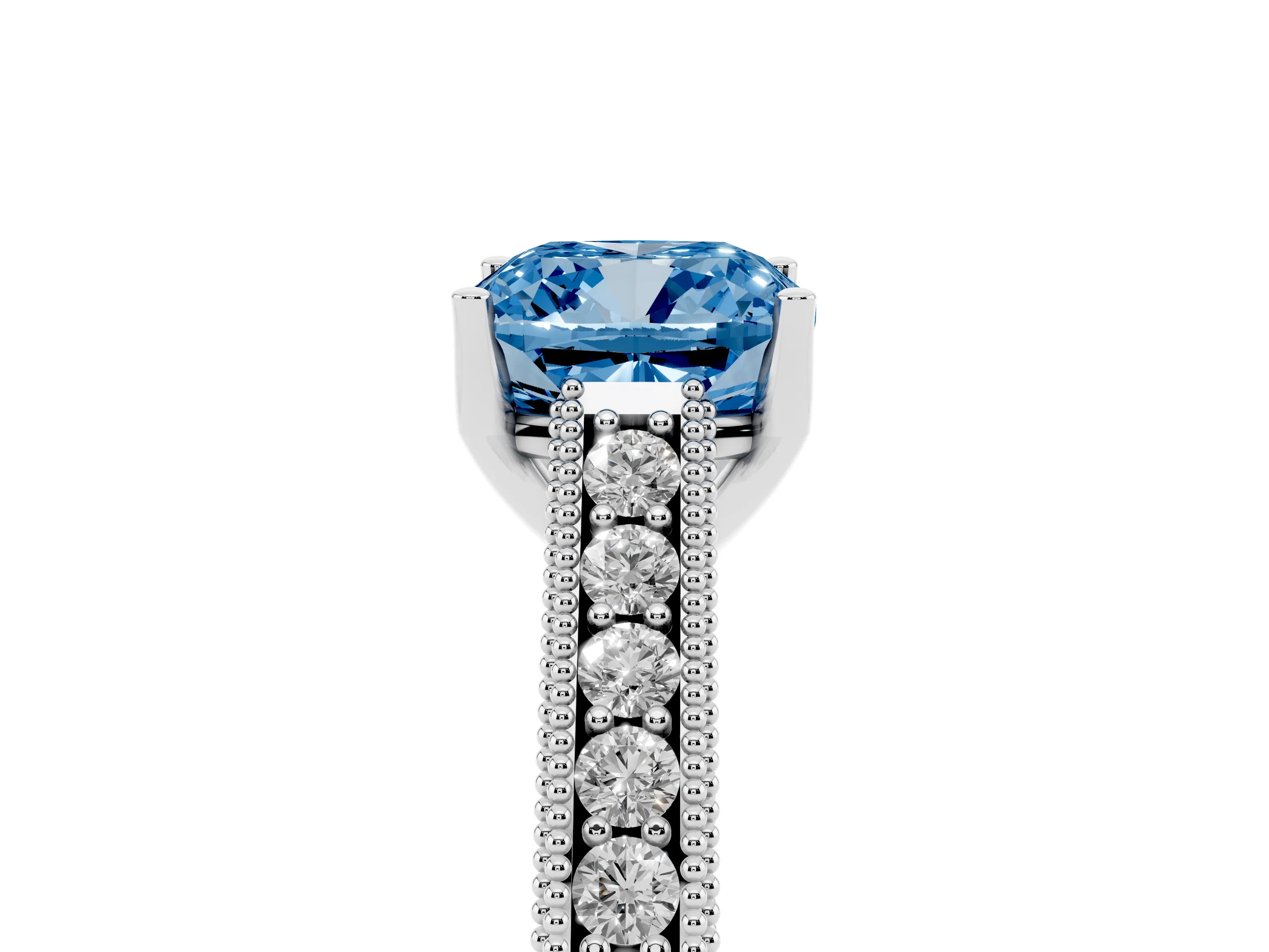 Fancy Blue Cushion Cut Diamond Milgrain Pavé Band Solitaire Ring Set in White gold with Prong Setting