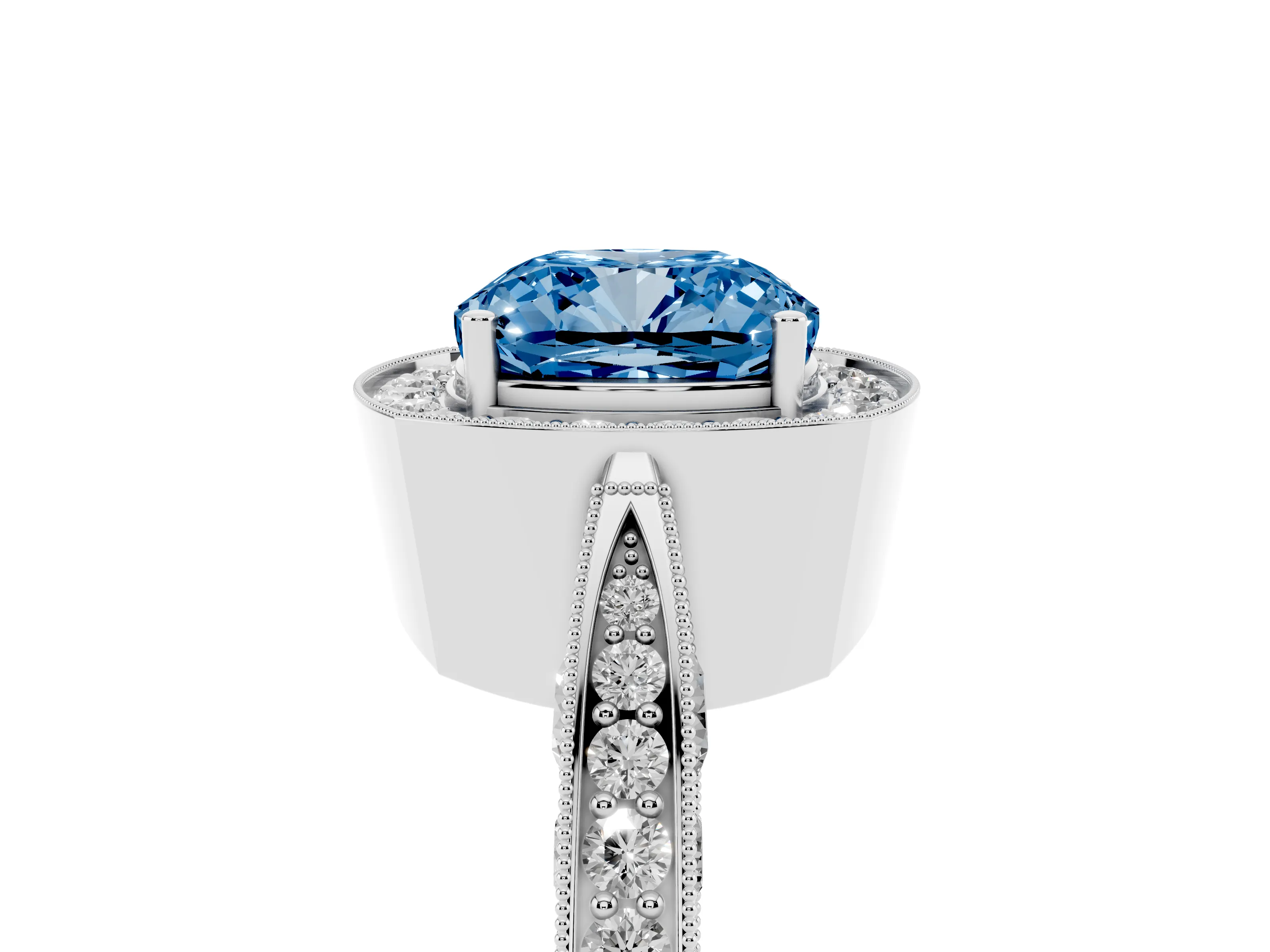 Fancy Blue Cushion Cut Diamond Halo Engagement Ring Set in White gold with Accent Split Shank Band