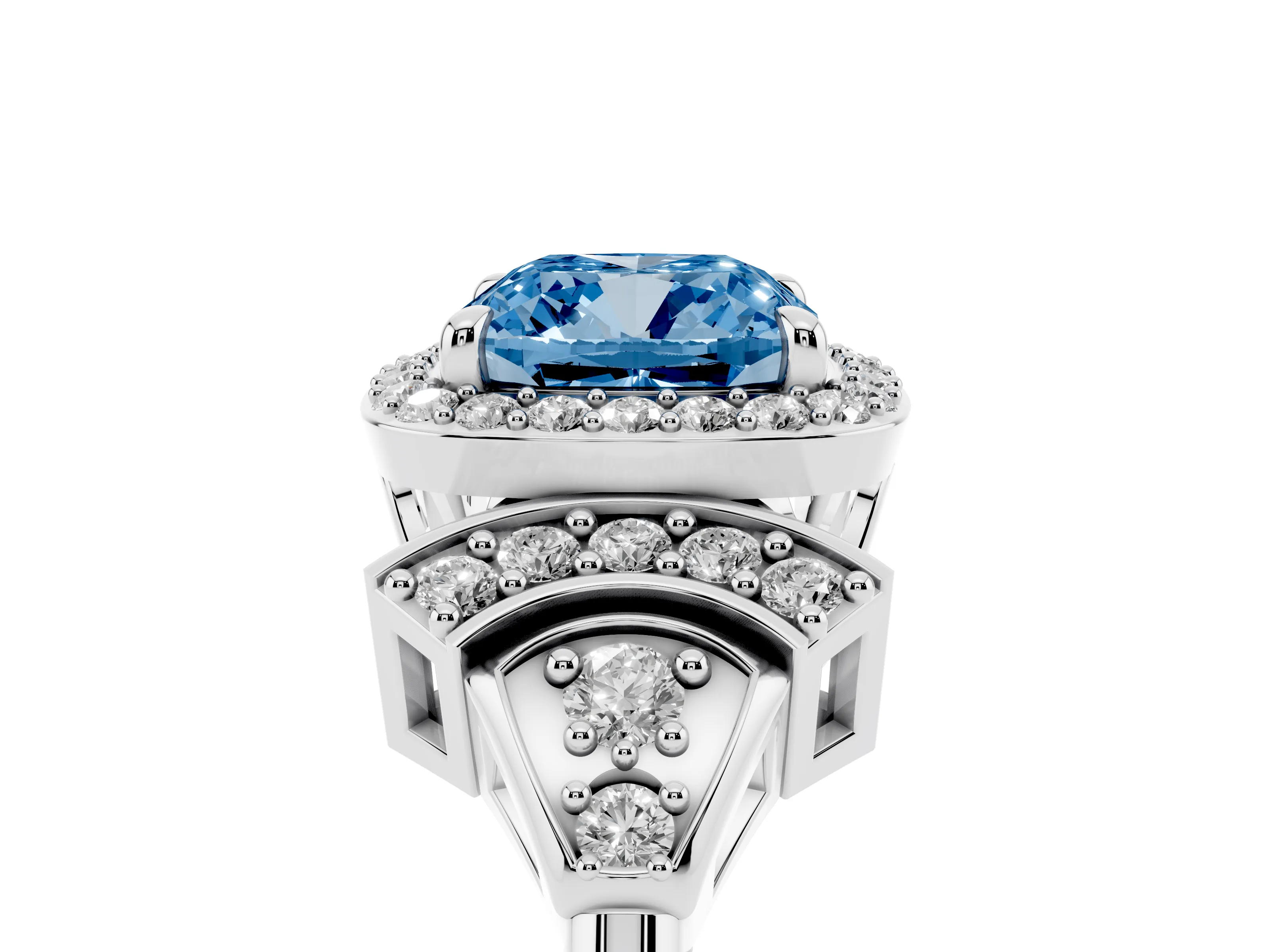 Fancy Blue Cushion Cut Diamond Halo Engagement Ring Set in Platinum with Accent Stone Split Shank