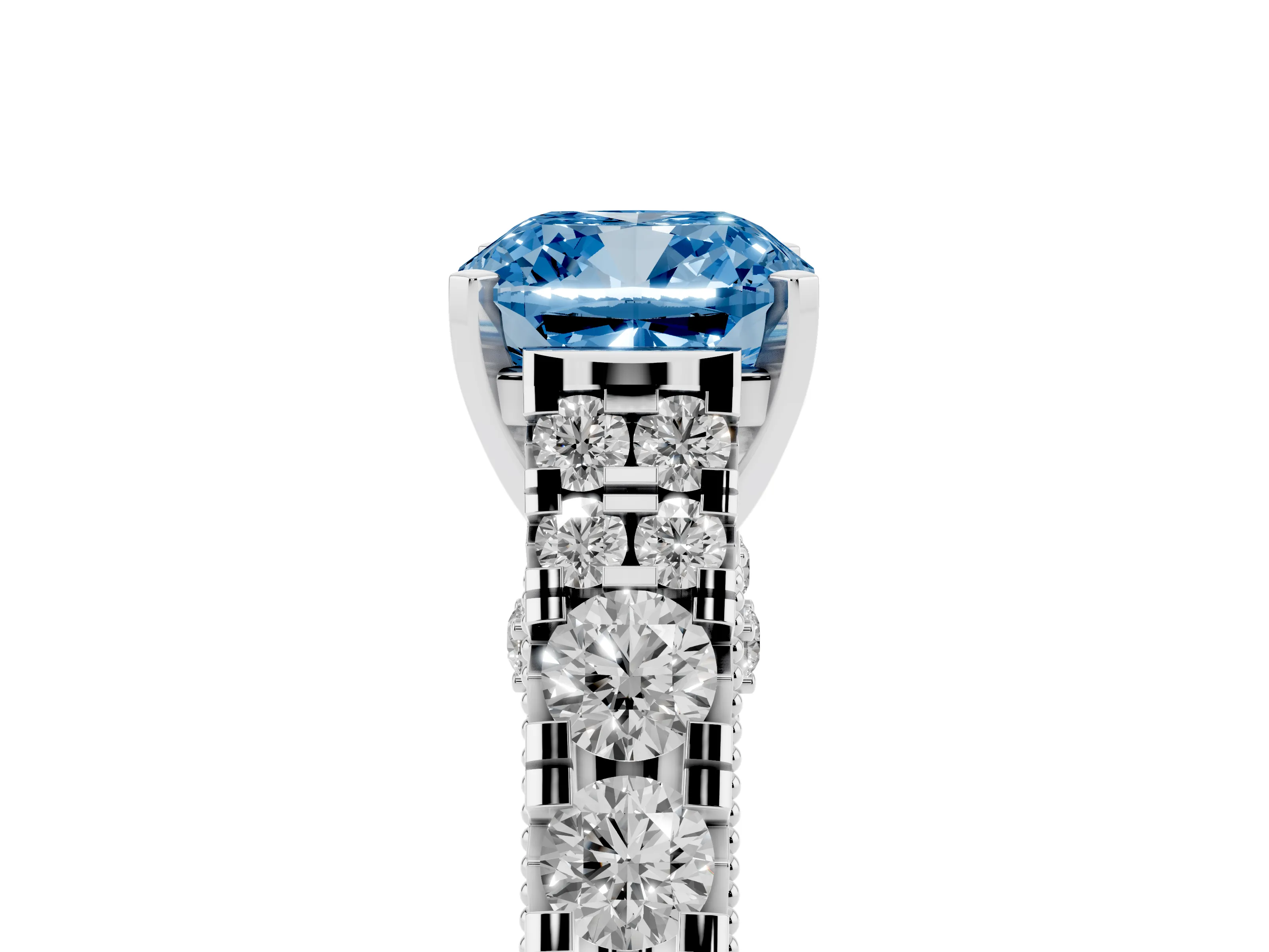 Fancy Blue Cushion Cut Diamond Classic Solitaire Ring Set in Silver with Pavé Band and Prong Setting