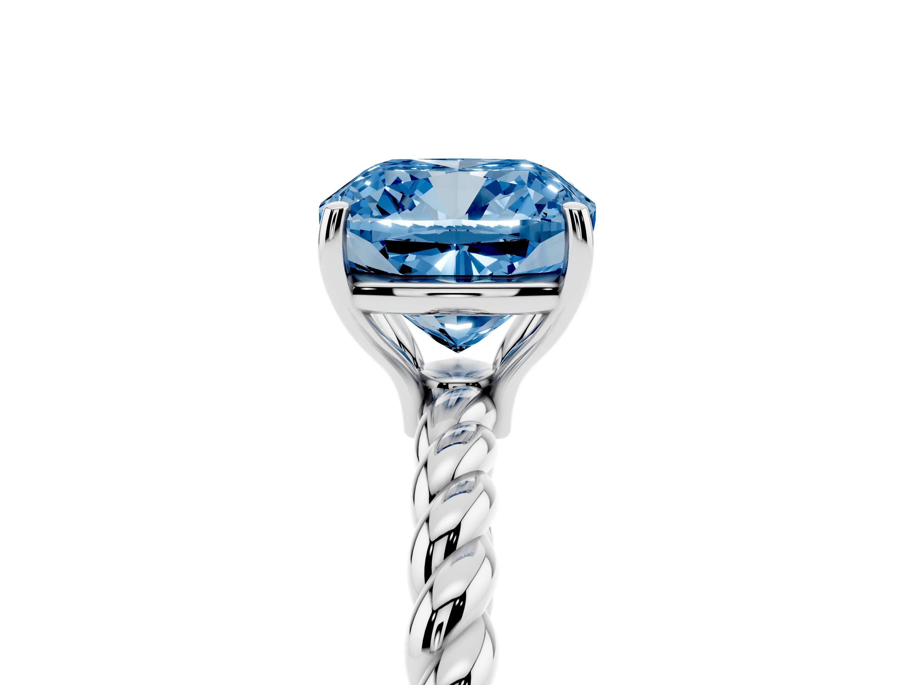 Fancy Blue Cushion Cut Diamond Solitaire Ring Set in Platinum with Twist Band and Prong Setting