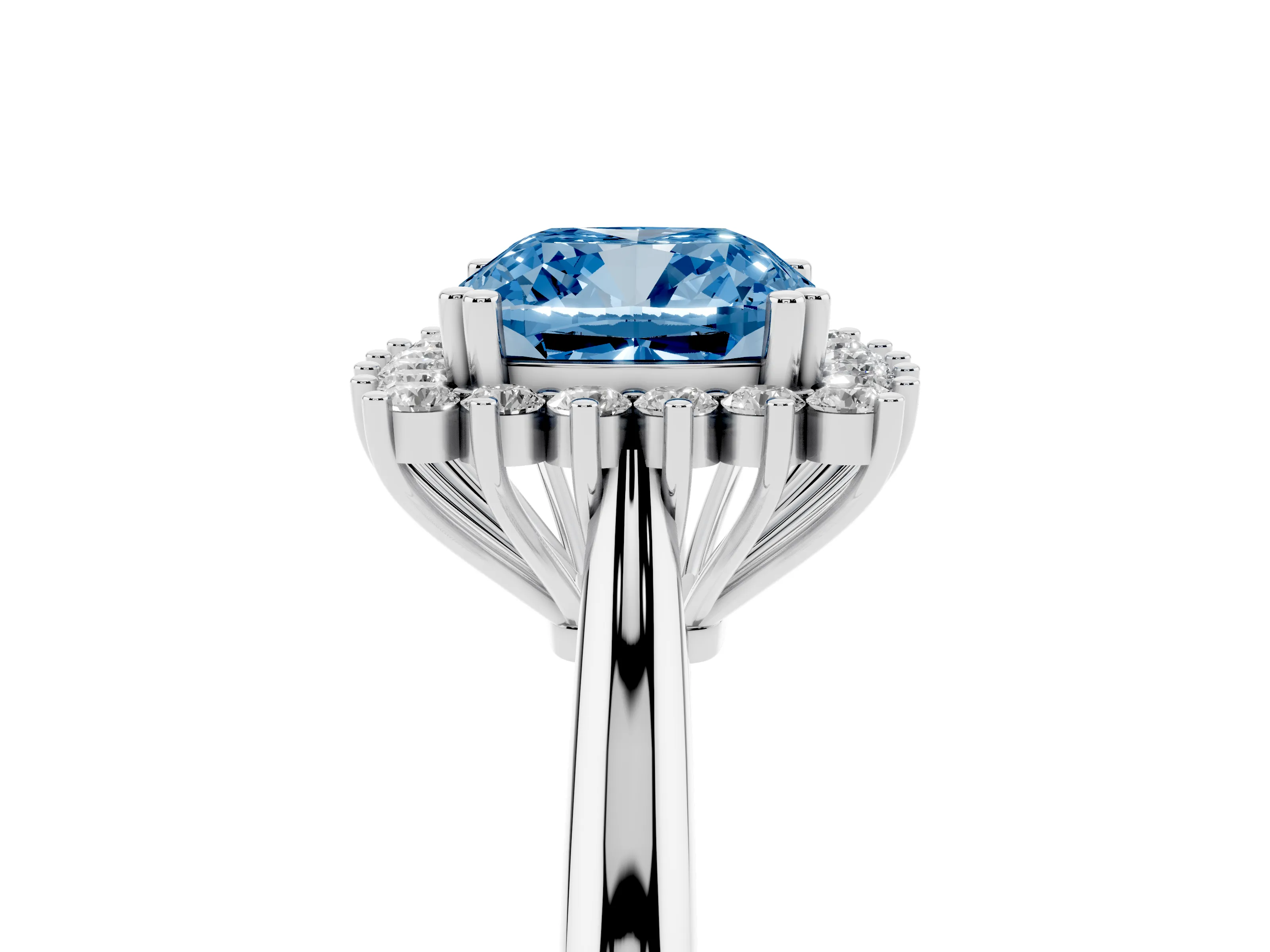 Fancy Blue Cushion Cut Diamond Halo Ring Set in Platinum with Plain Solitaire Band and Prong Setting