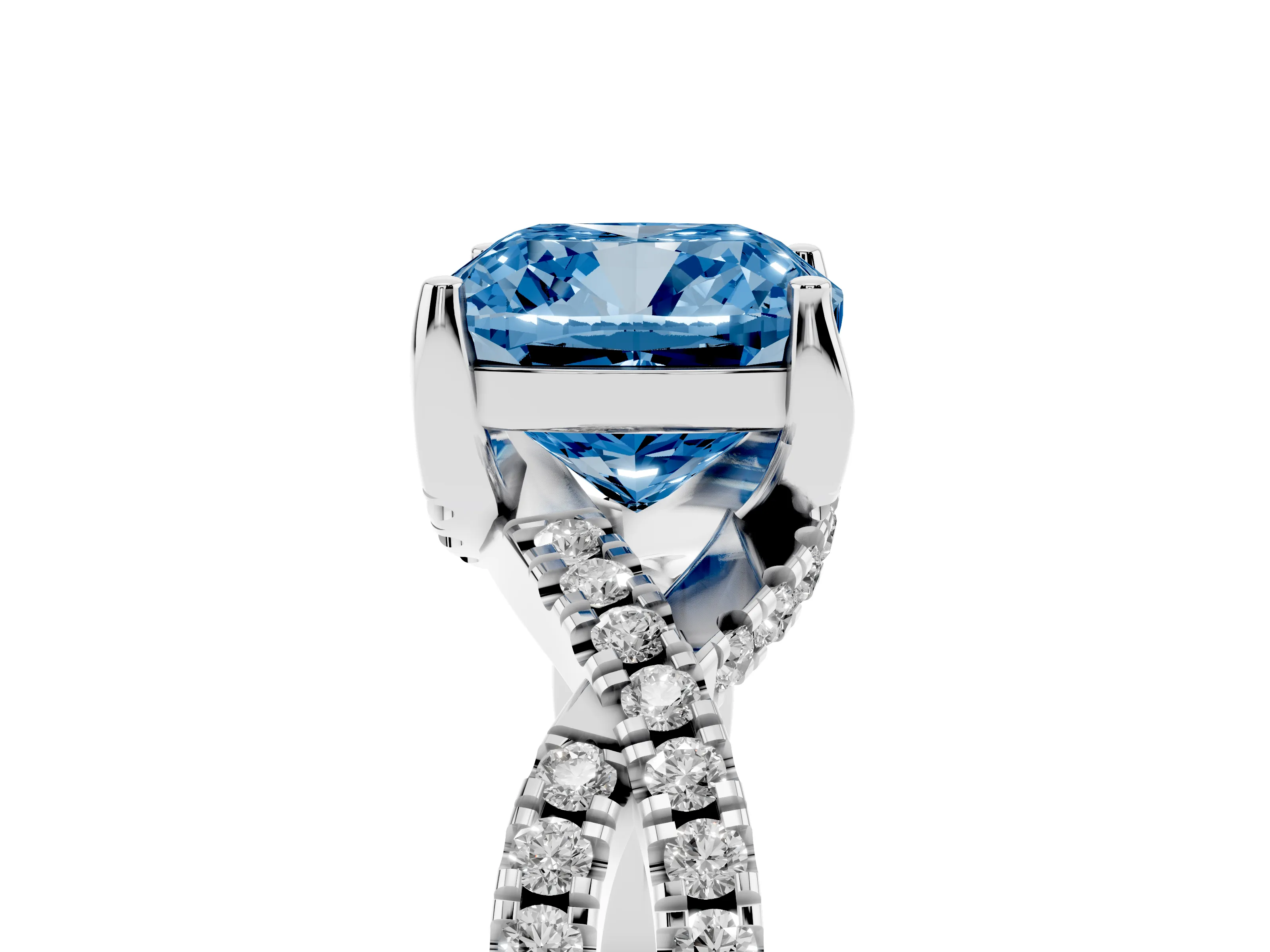 Fancy Blue Cushion Cut Diamond Twist Pavé Solitaire Engagement Ring Set in Silver with Prong Setting