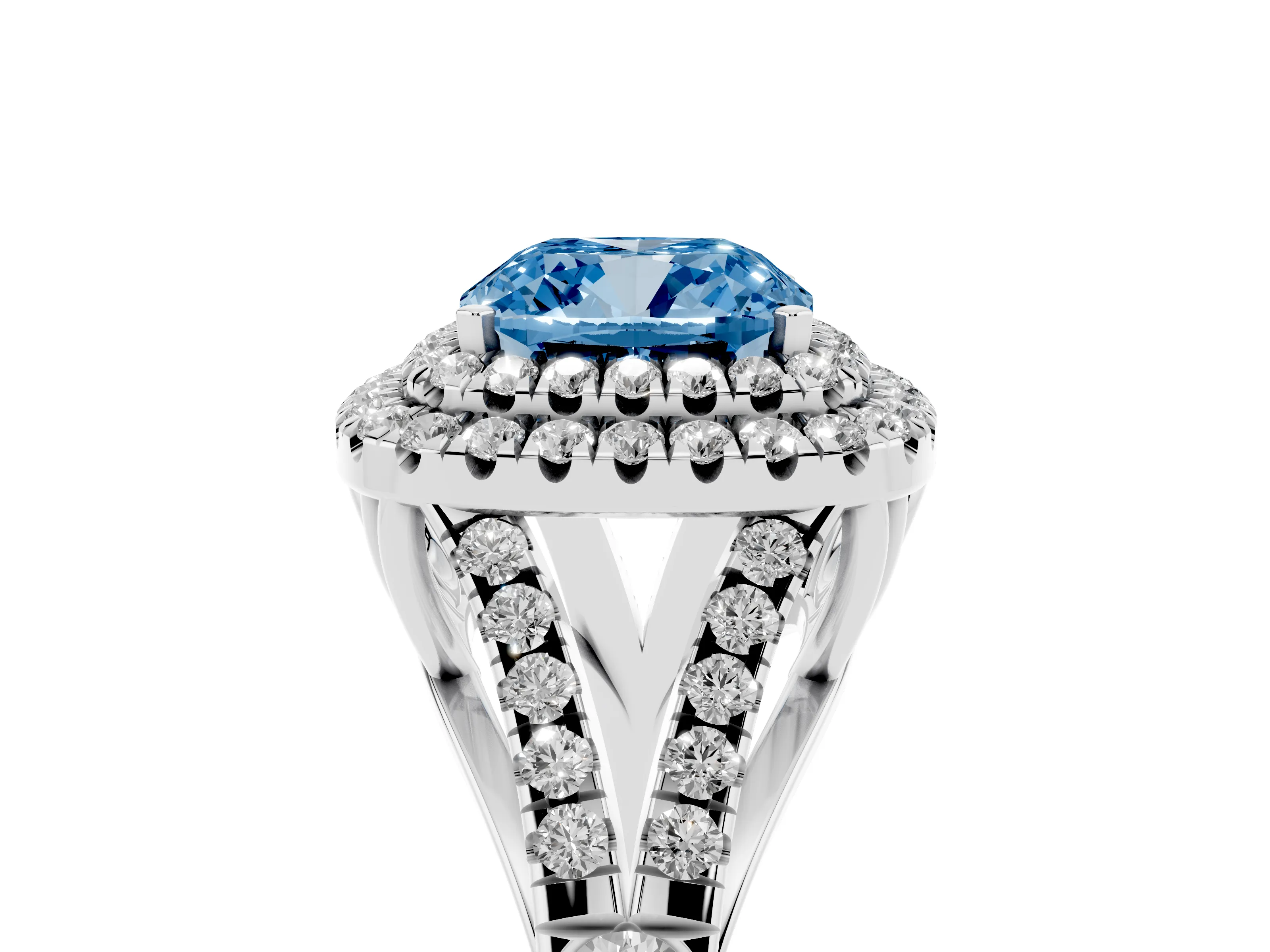 Fancy Blue Cushion Cut Diamond Pavé Split Shank Double Halo Engagement Ring Set in Silver