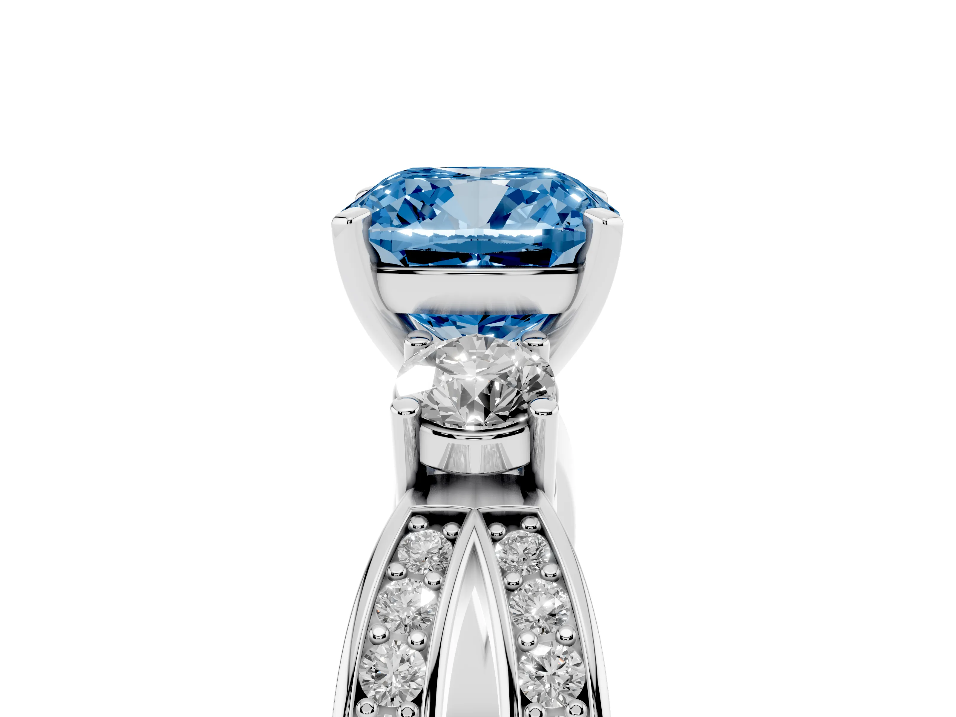 Fancy Blue Three-Stone Cushion Cut Diamond Twist Band Ring Set in Silver with Pavé Accents and Prong Setting