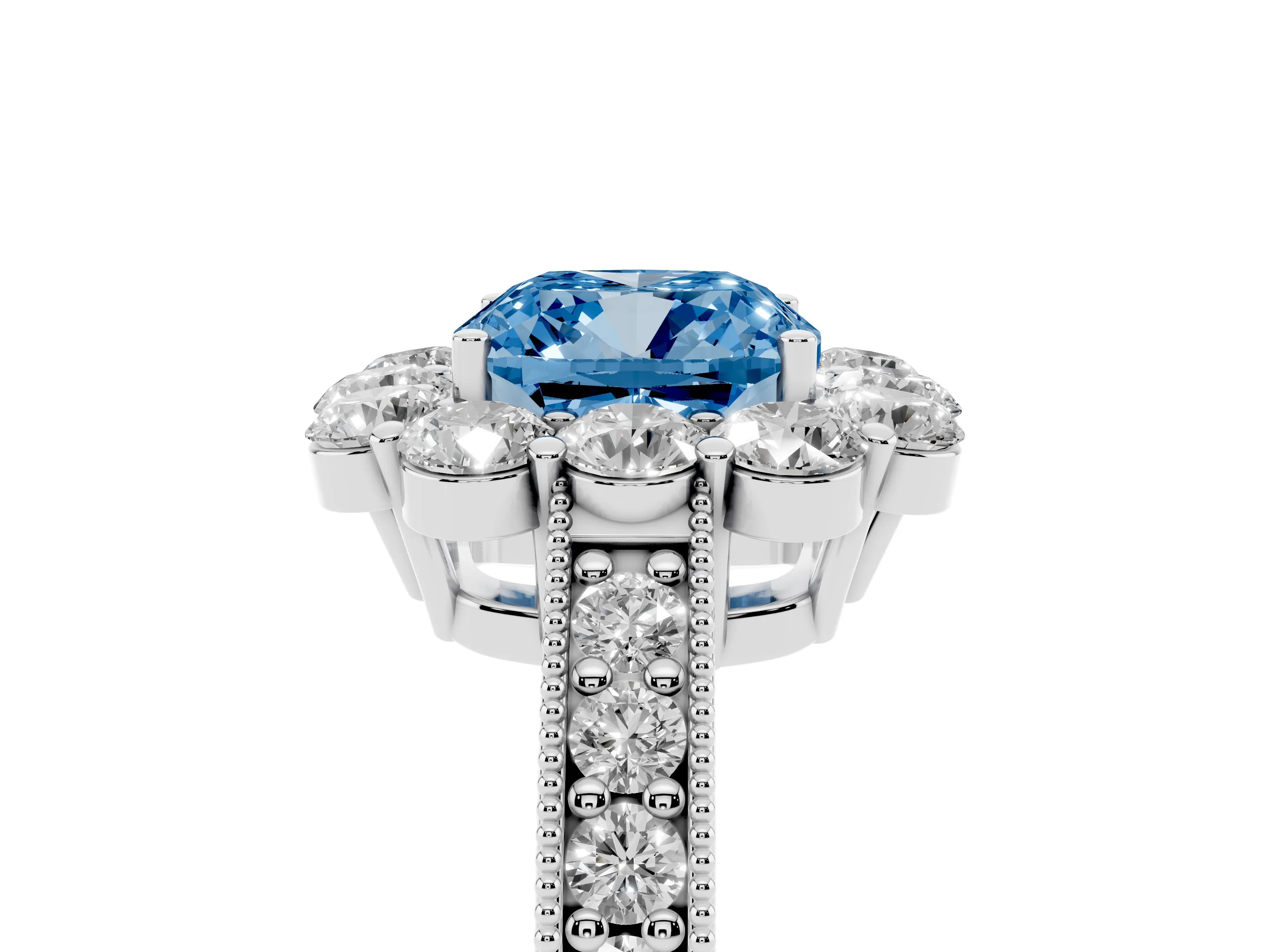 Fancy Blue Cushion Cut Diamond Halo Pavé Engagement Ring Set in White gold with Milgrain Detailing