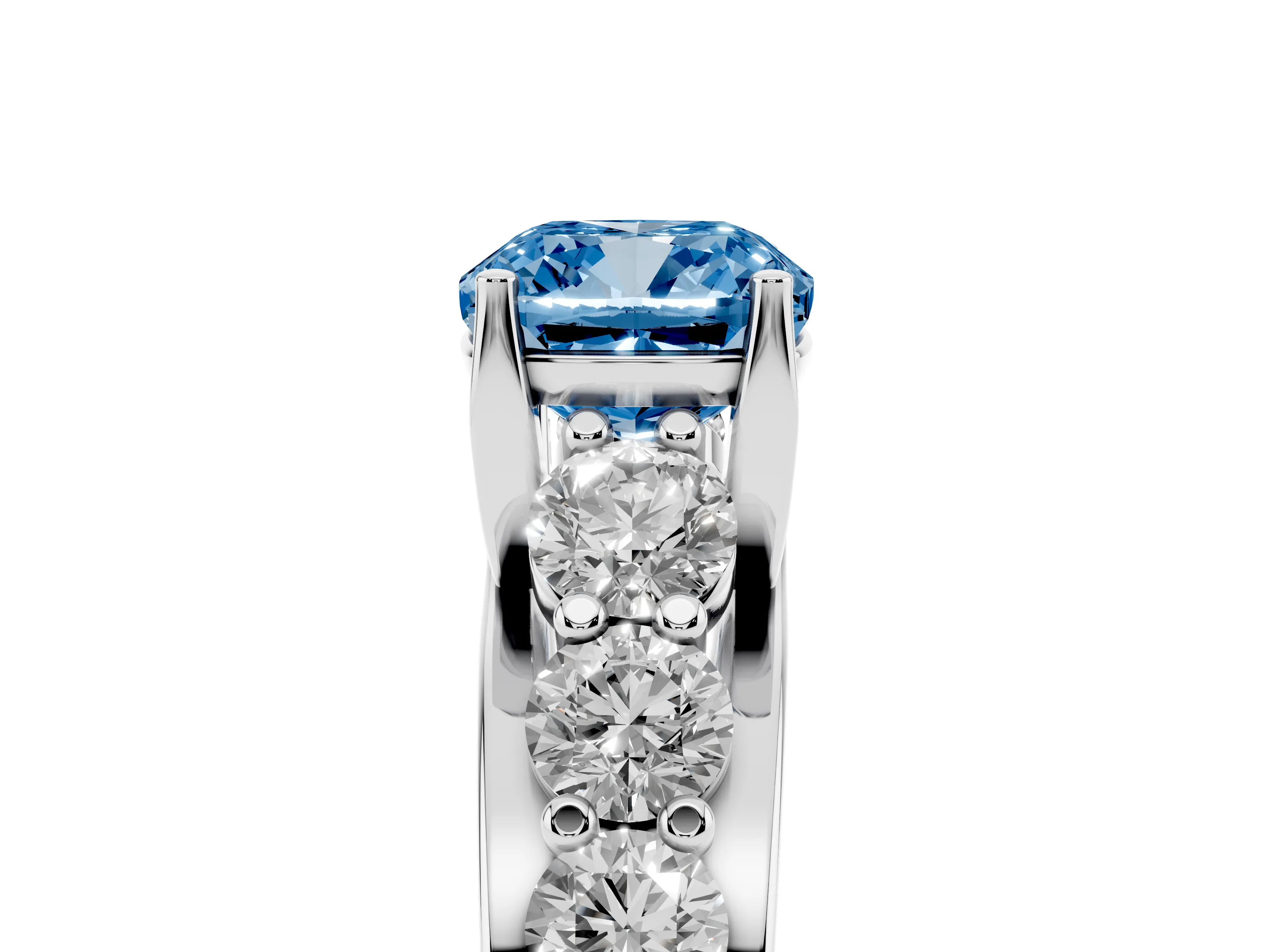 Fancy Blue Cushion Cut Diamond Pavé Engagement Ring Set in White gold with Prong Setting