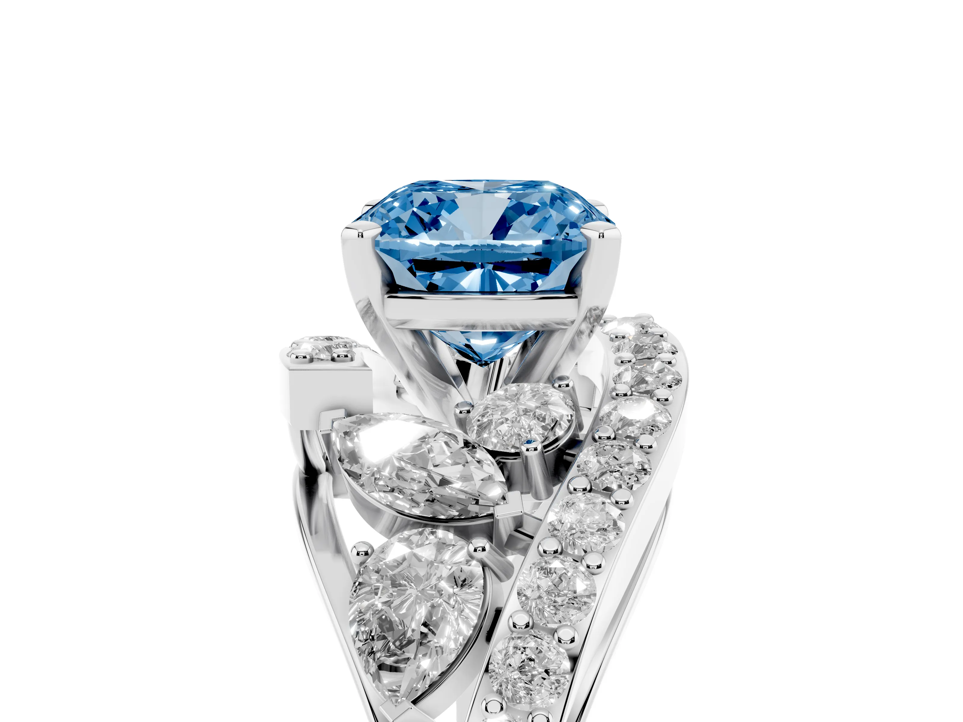Fancy Blue Cushion Cut Diamond Halo Ring Set in White gold with Marquise and Pavé Band in Prong Setting