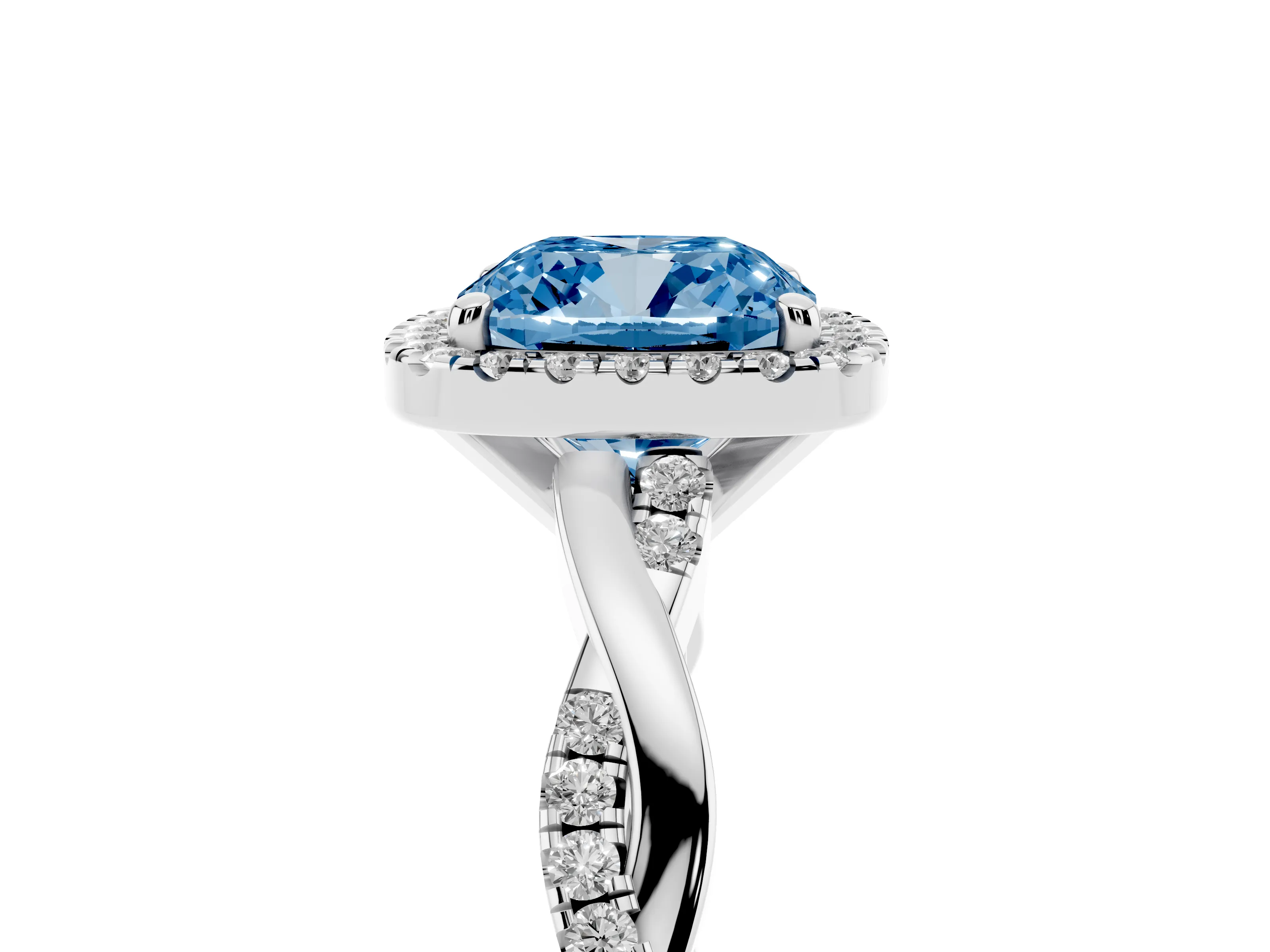 Fancy Blue Cushion Cut Diamond Halo Twisted Band Ring Set in Platinum with Prong Setting