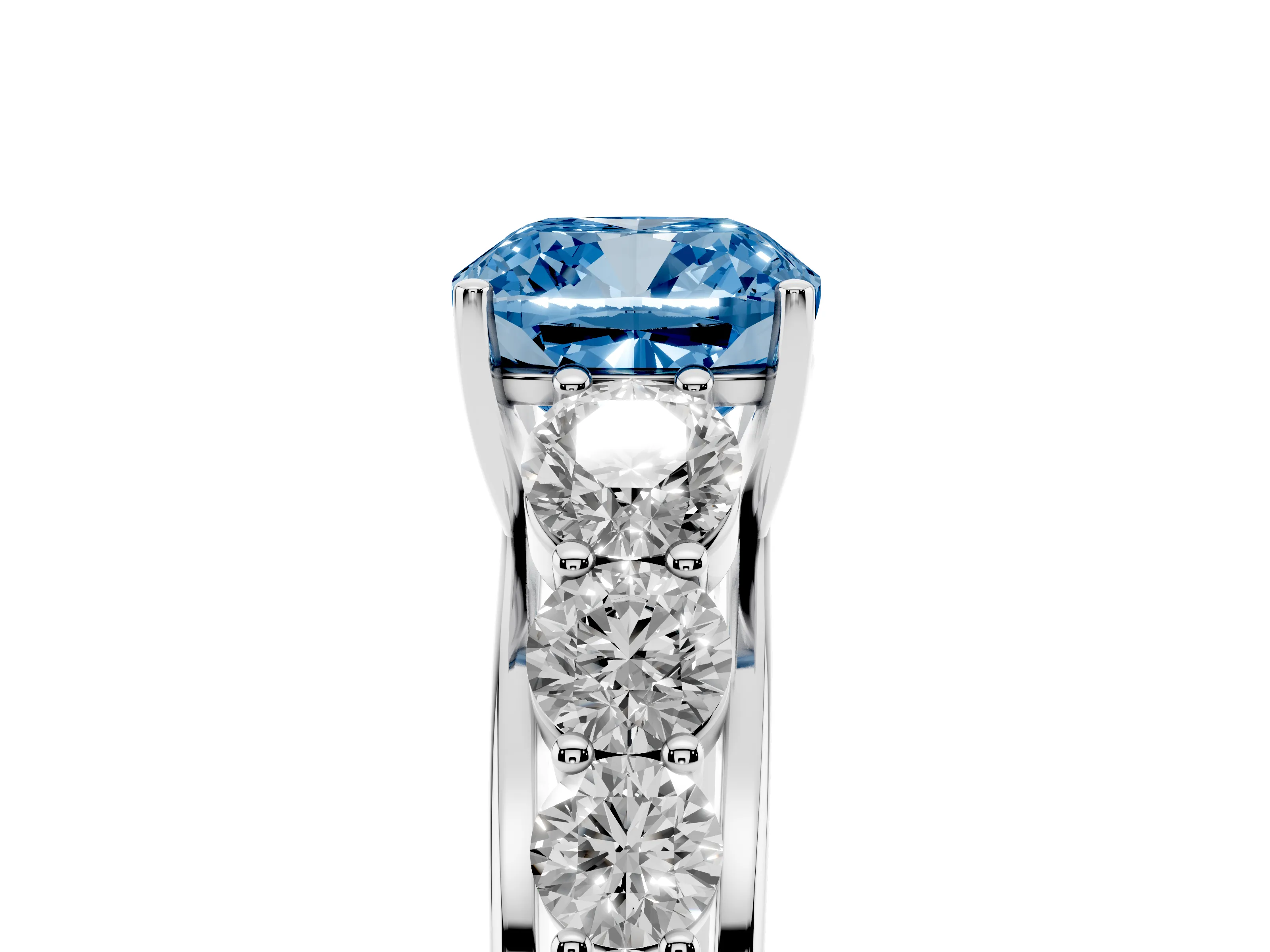 Fancy Blue Cushion Cut Diamond Solitaire Ring Set in Platinum with Pavé-Set Band and Prong Setting