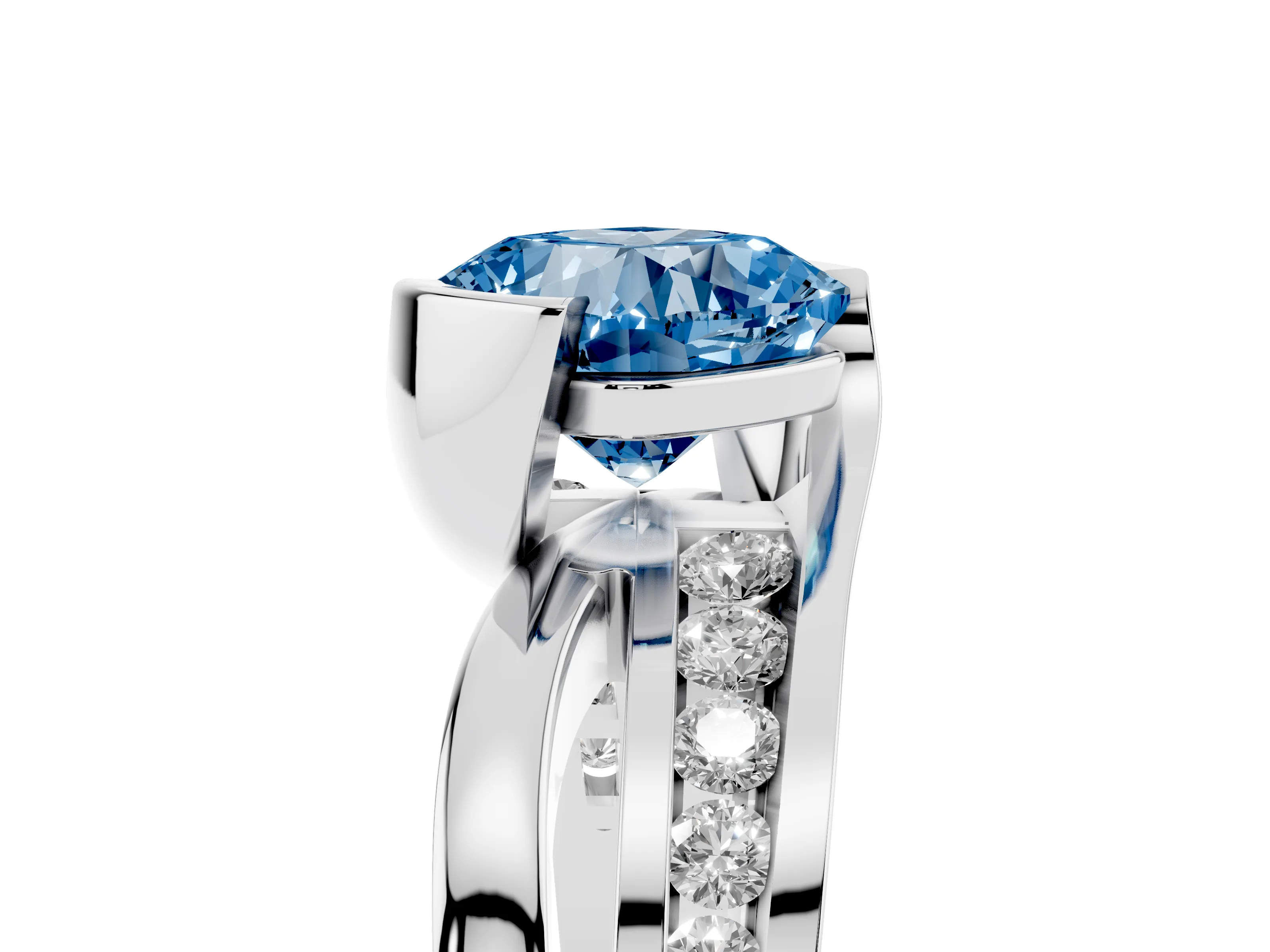 Fancy Blue Cushion Cut Diamond Solitaire Ring Set in Silver with Channel Set Split Shank and Tension Prongs