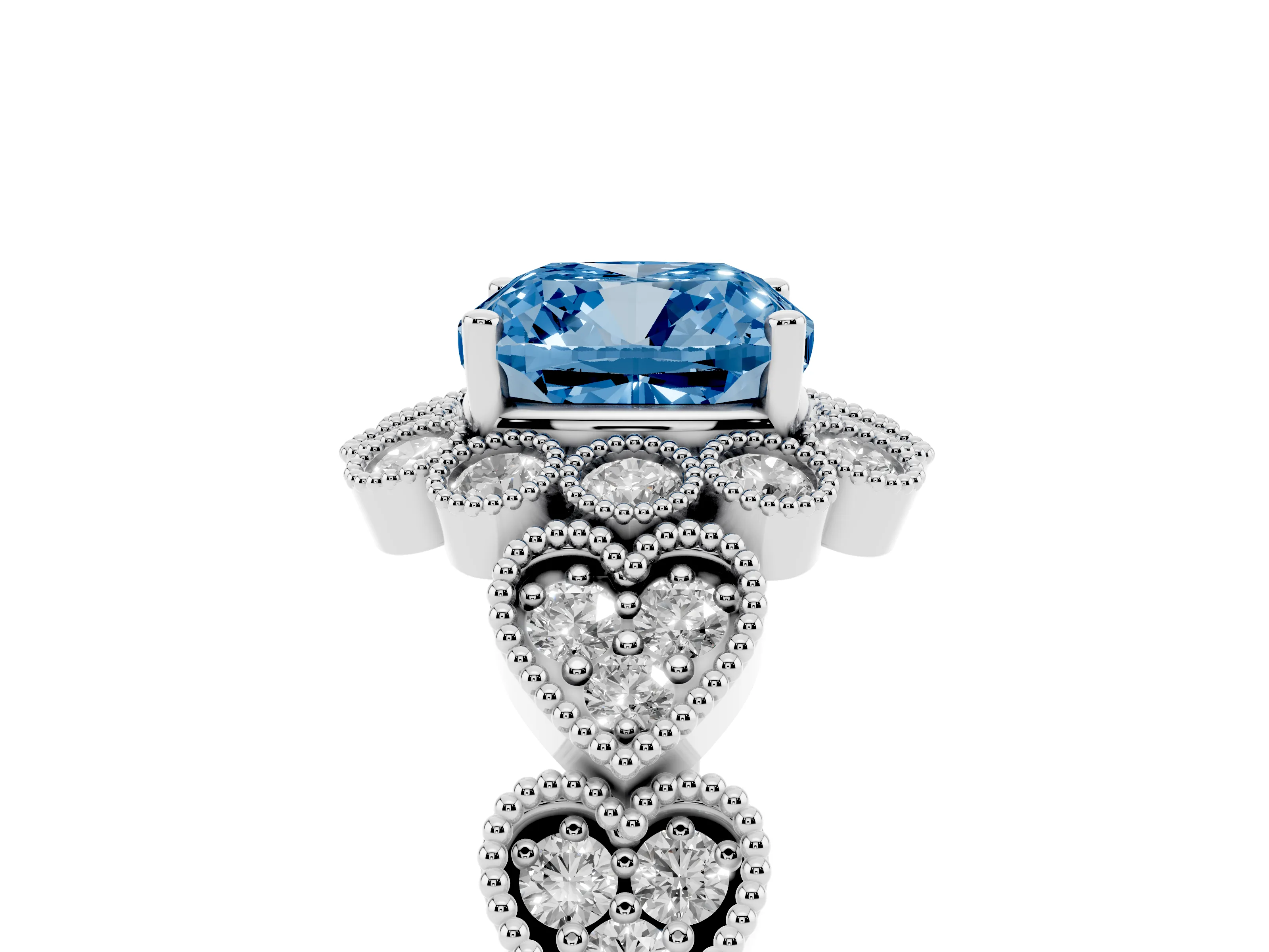 Fancy Blue Cushion Cut Diamond Solitaire Ring Set in Silver with Milgrain Pavé Heart Band