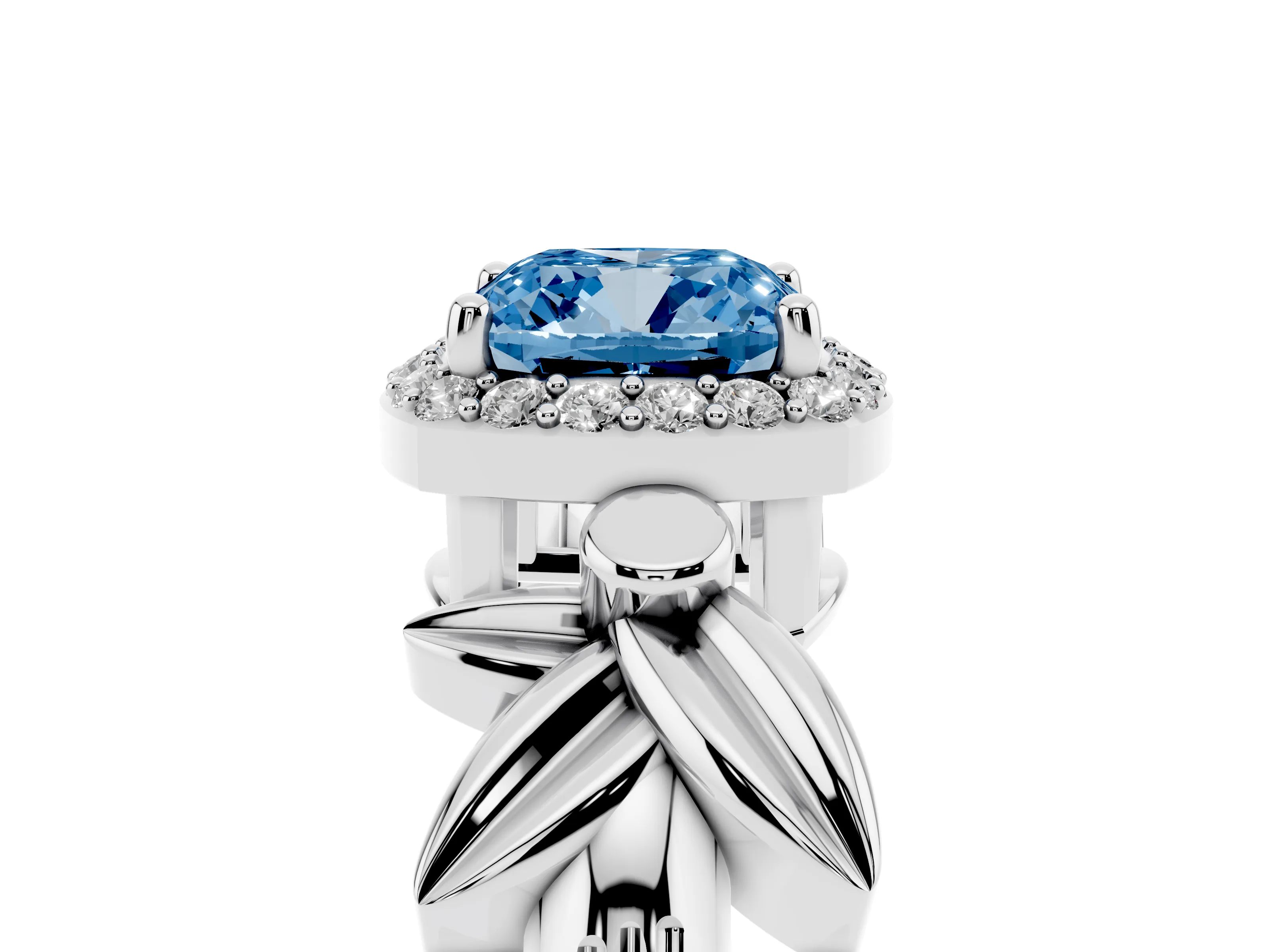 Fancy Blue Cushion Cut Diamond Halo Floral Band Ring Set in White gold with Prong Setting