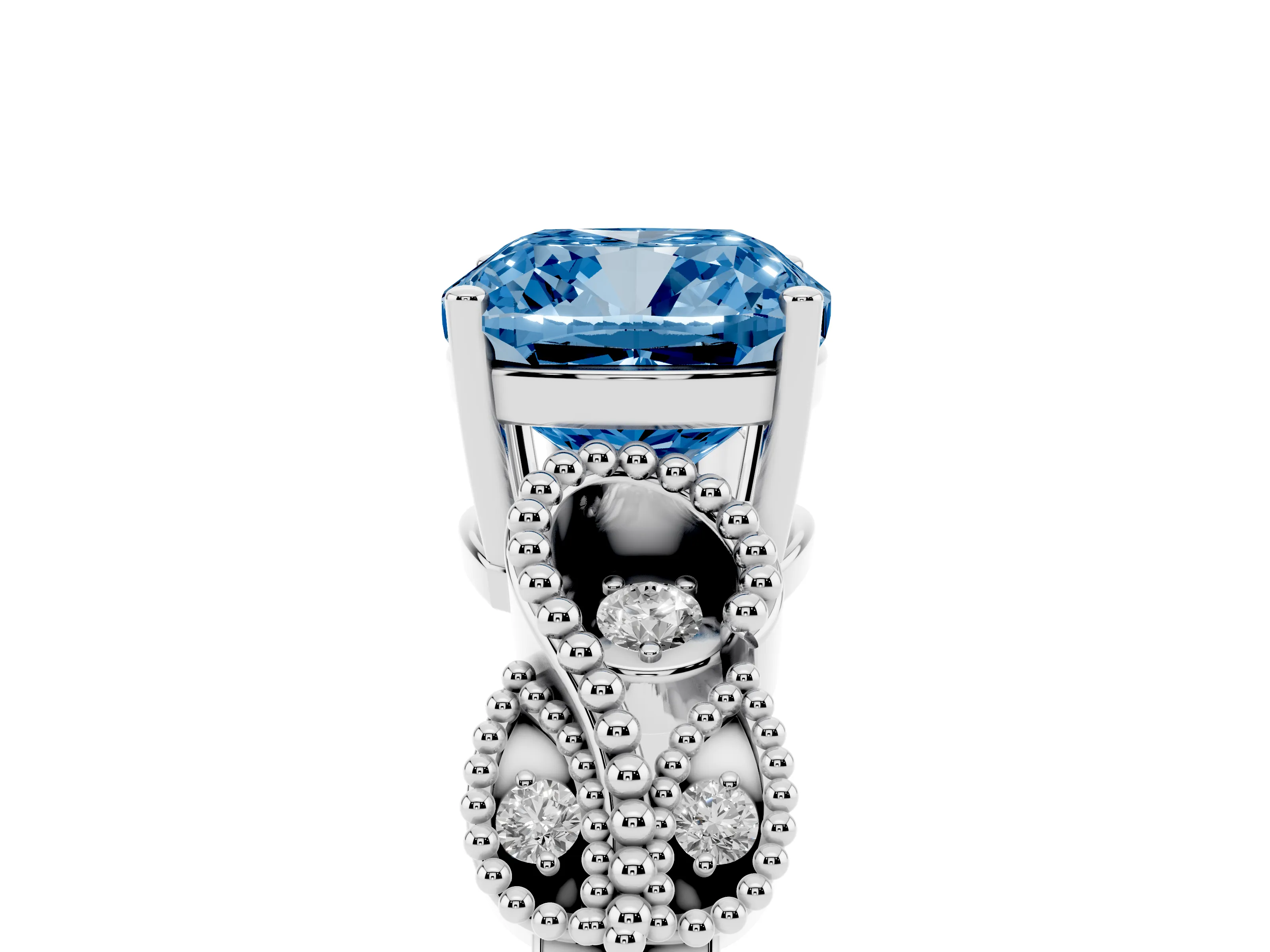 Fancy Blue Cushion Cut Diamond Milgrain Leaf Band Solitaire Ring Set in Silver with Accent Stones and Prong Setting